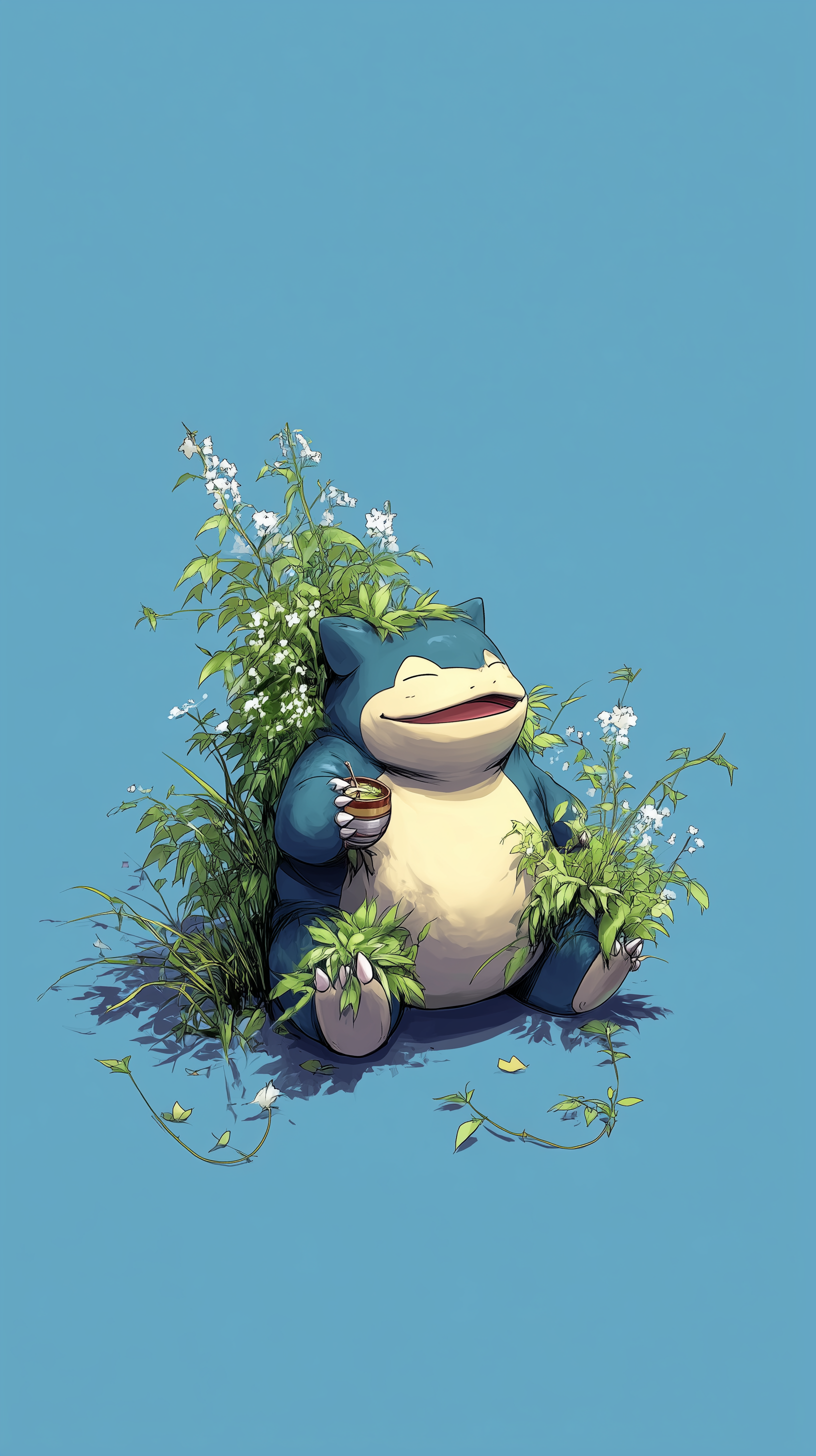 Anime-style phone wallpaper featuring a kawaii Snorlax from Pokémon, surrounded by green vines and white flowers, set against a solid blue background for iPhones and Androids.