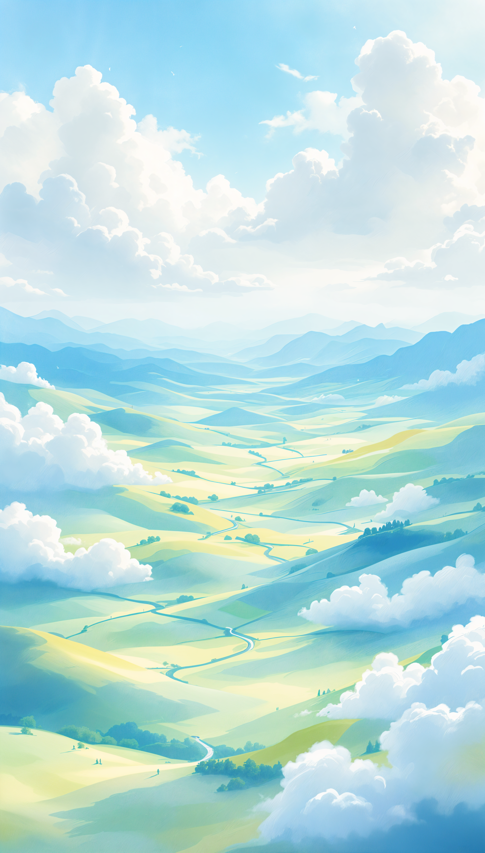 Aerial view of a sunlit valley with winding rivers and rolling hills under a bright sky with fluffy clouds, designed as a vibrant phone wallpaper for iPhone and Android.