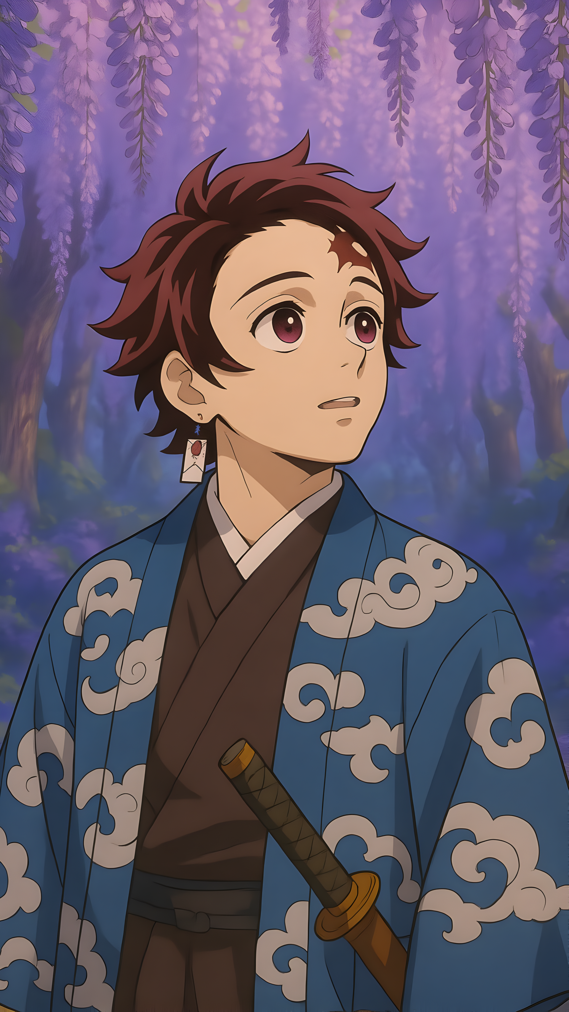 Anime phone wallpaper: Tanjiro Kamado (Demon Slayer: Kimetsu no Yaiba) gazing beneath hanging wisteria, vertical portrait formatted for iPhone and Android.