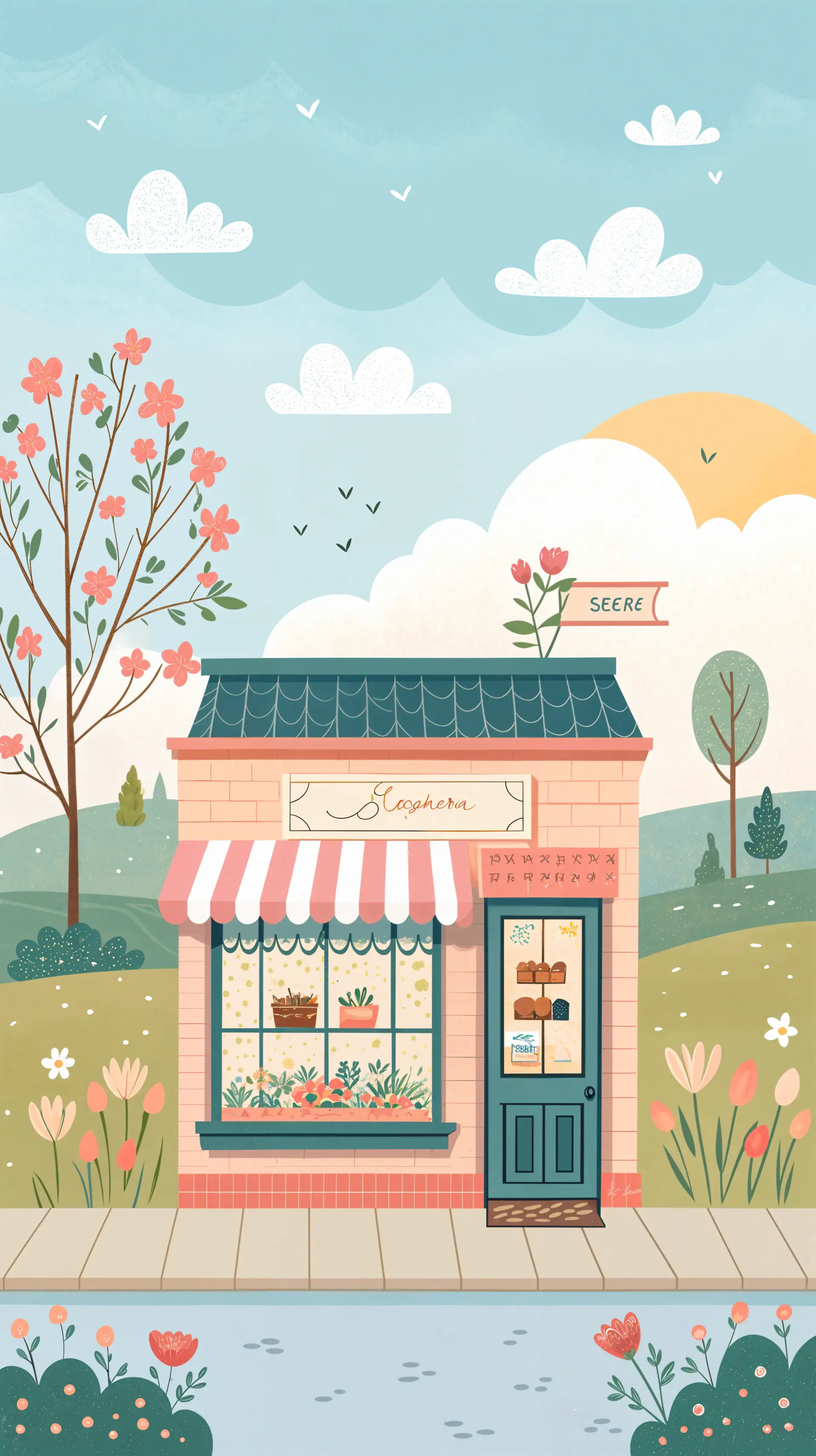 Phone wallpaper of a charming flower shop with pastel colors, a striped awning, blooming trees, and a bright sky, designed for both iPhones and Android phones.