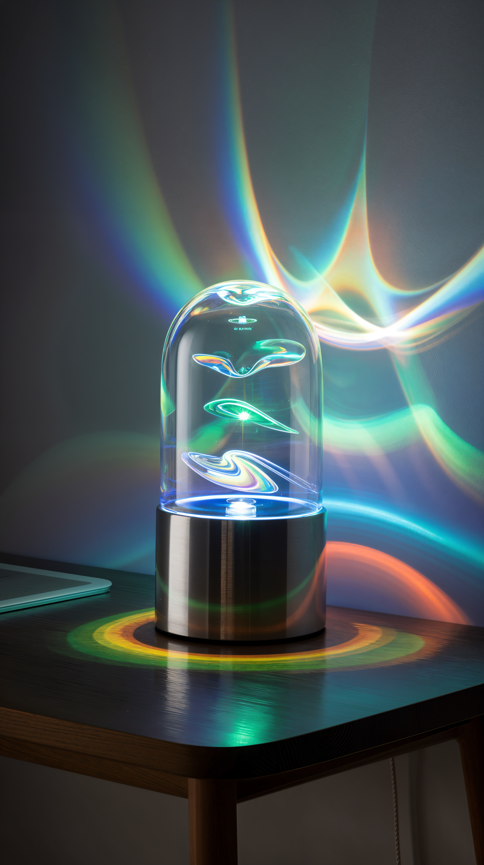 Colorful glowing lamp on a table casting vibrant light patterns, shown as a phone wallpaper compatible with both iPhones and Android devices.