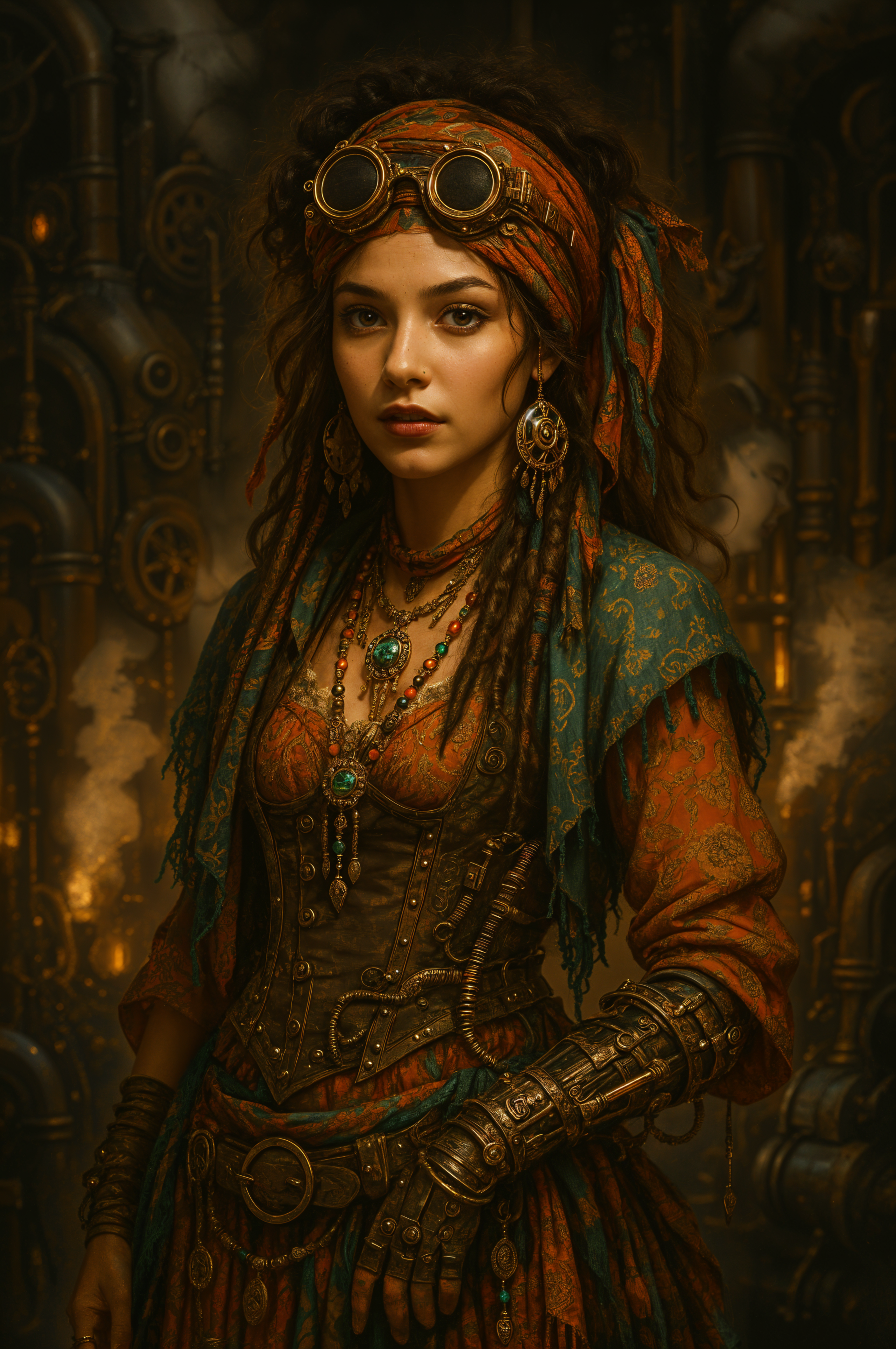 Bohemian-style portrait of a woman with dreadlocks, layered jewelry, and steampunk goggles, designed as a detailed phone wallpaper for iPhones and Android devices.