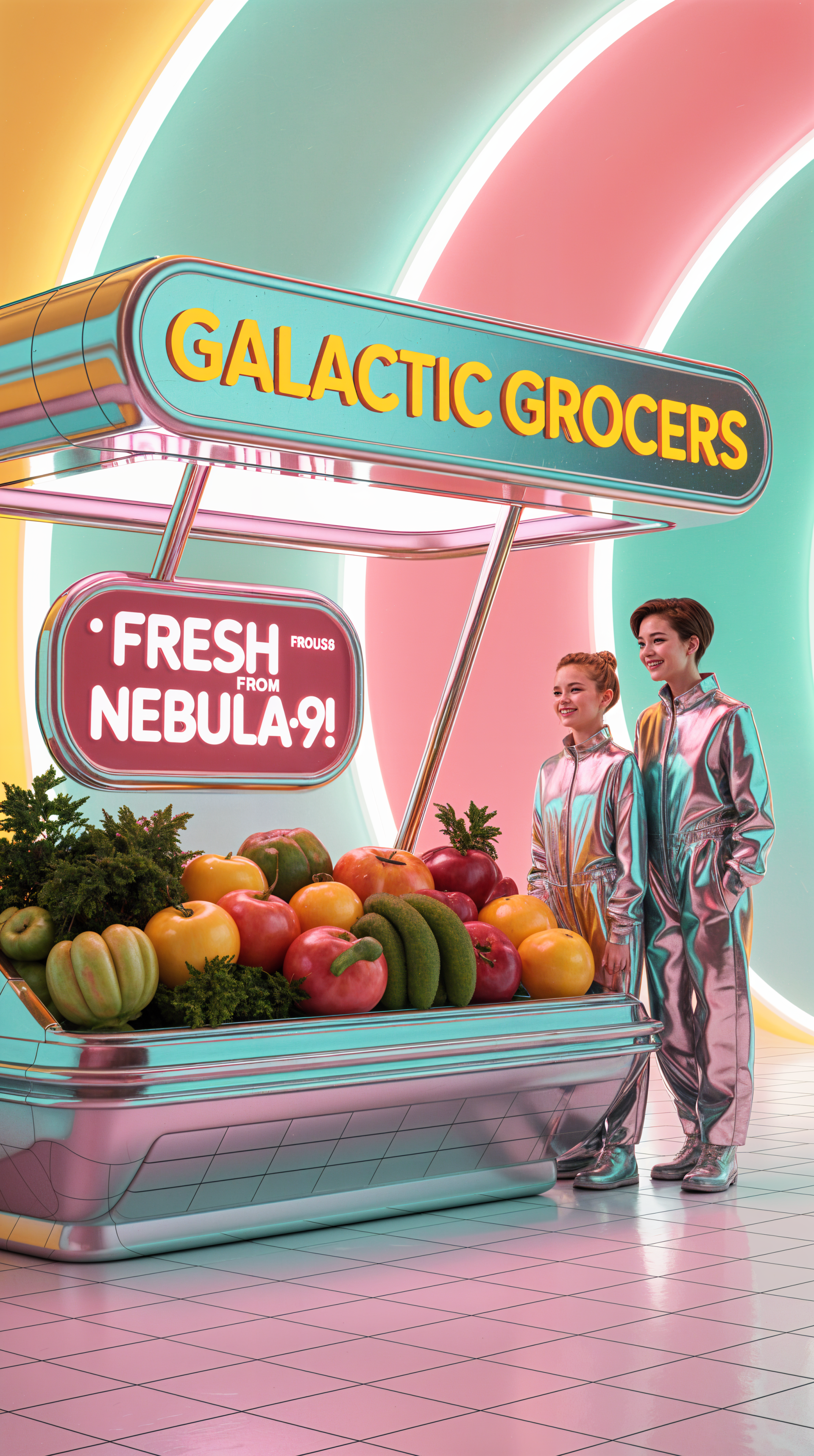 Phone wallpaper showing a futuristic Galactic Grocers stand with fresh produce from Nebula-91, featuring two people in metallic space suits under colorful neon arches.