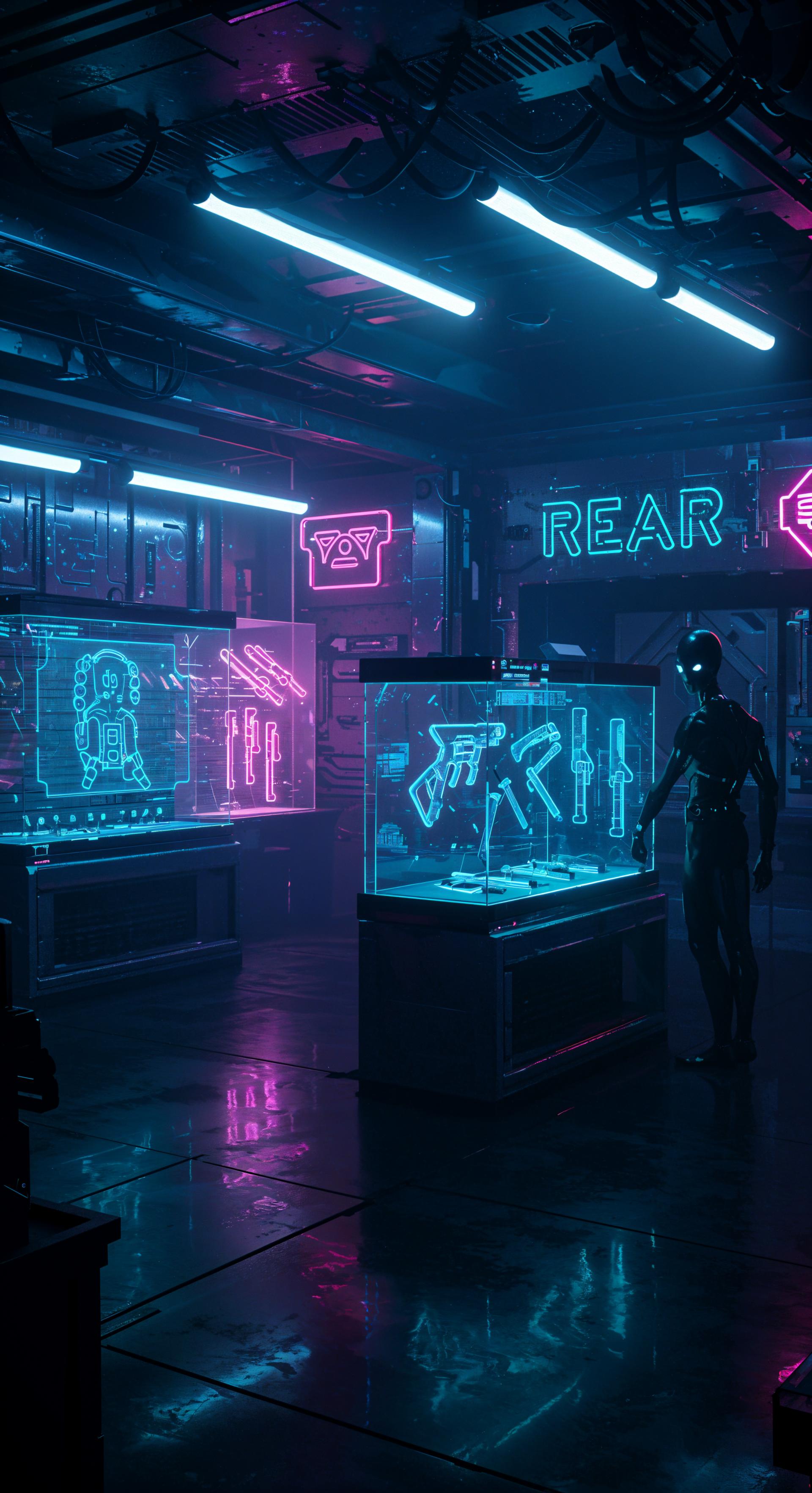 Futuristic shop interior with neon signs and holographic displays showcasing tools and gadgets, captured as a phone wallpaper for iPhone and Android.