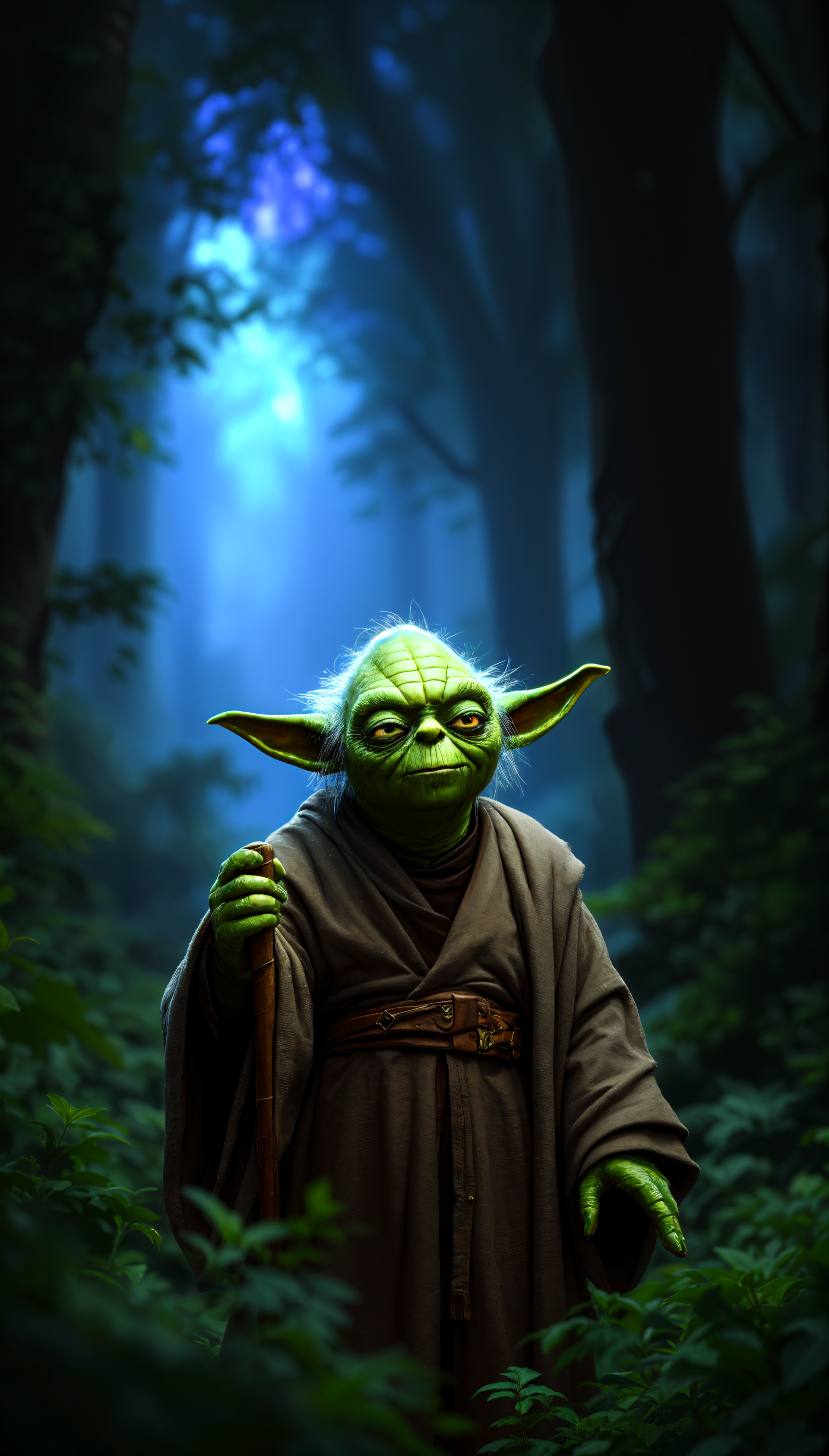 Phone wallpaper featuring Yoda standing with a staff in a mystical, blue-lit forest, compatible with both iPhone and Android screens.