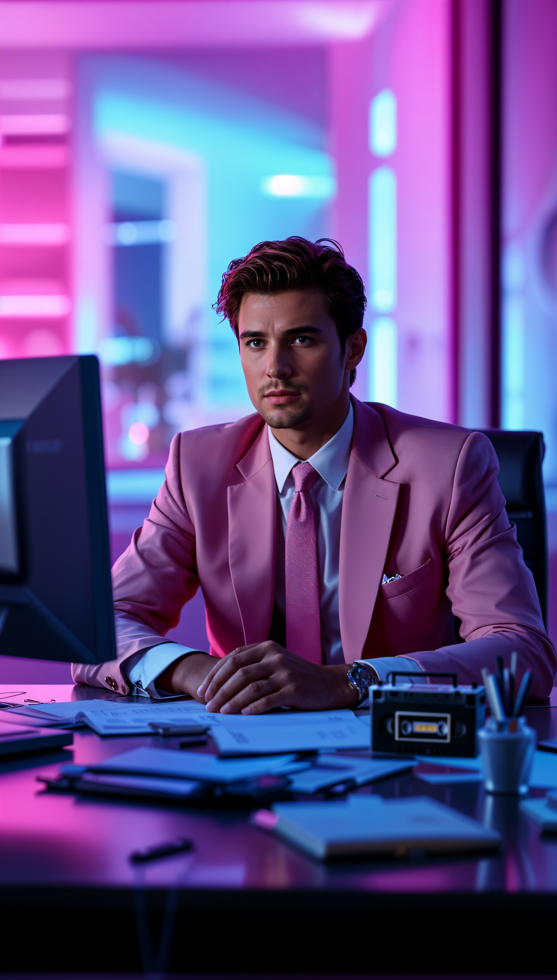 Phone wallpaper for iPhones and Androids featuring a young man in a pink suit sitting at a desk in a colorful office illuminated by neon pink and blue lights, symbolizing a 9 to 5 job.