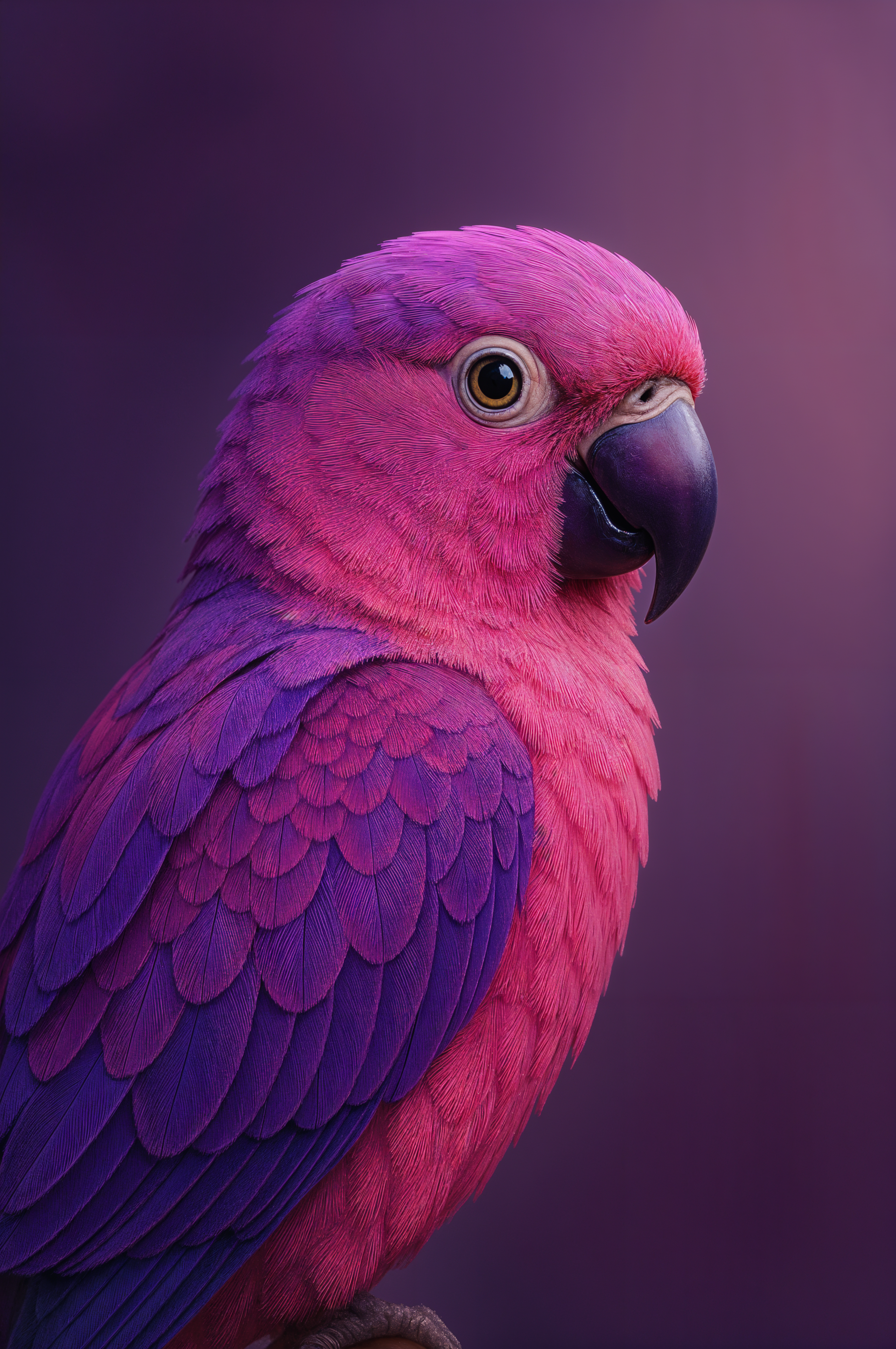 Vibrant pink and purple parrot portrait wallpaper designed for iPhone and Android phones, featuring detailed feathers and a soft purple background.