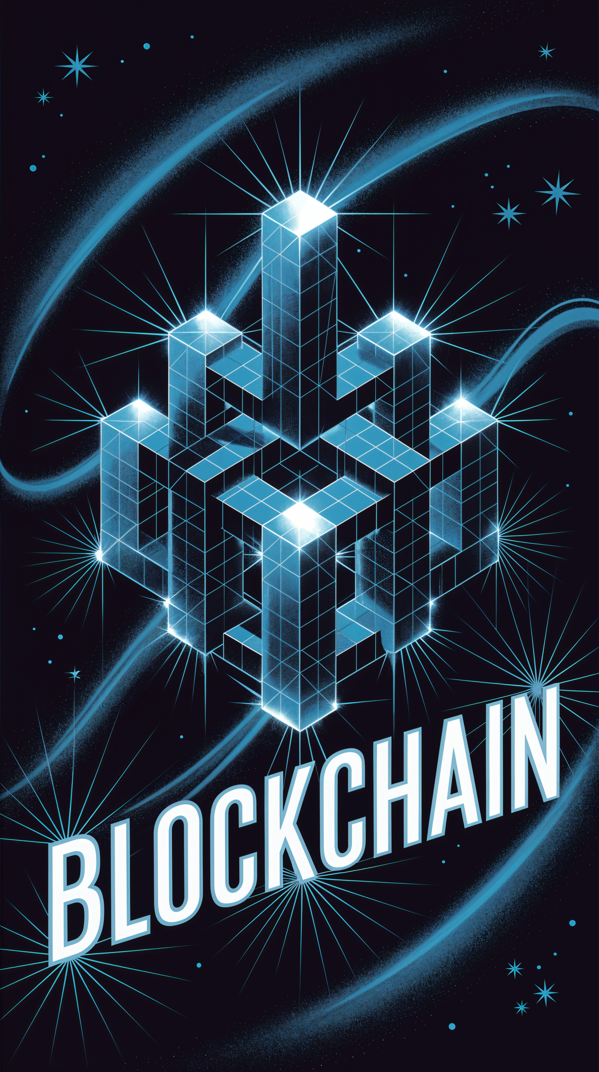 Phone wallpaper featuring a glowing blockchain cube design with a futuristic grid, stars, and the word BLOCKCHAIN, compatible with iPhones and Android devices.