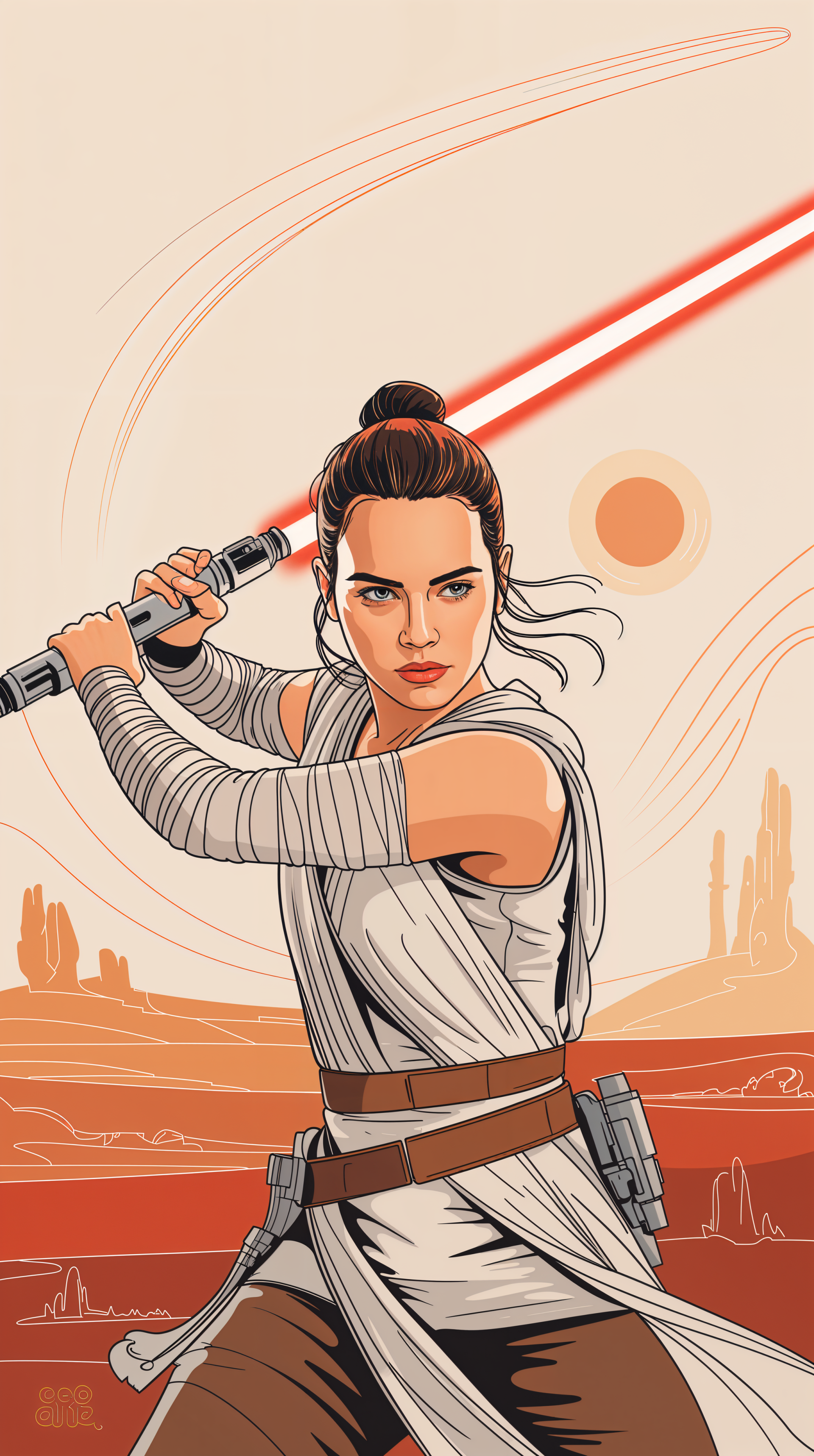 Phone wallpaper featuring Rey from Star Wars wielding a red lightsaber, set against a desert landscape with a stylized sun, designed for iPhone and Android screens.