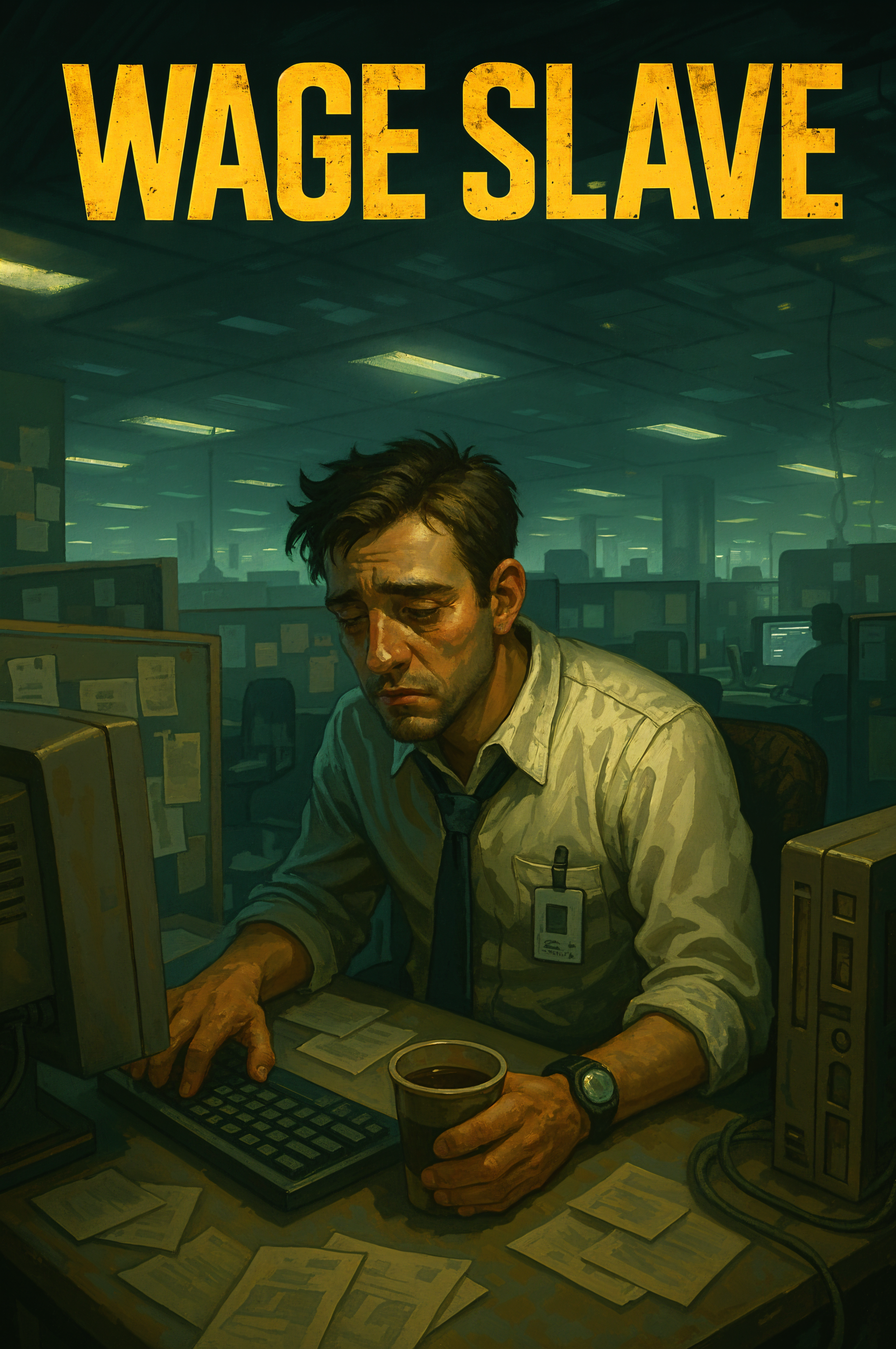 Phone wallpaper for iPhone and Android showing a tired man in an office cubicle under yellow WAGE SLAVE text, capturing the exhaustion of corporate work life.