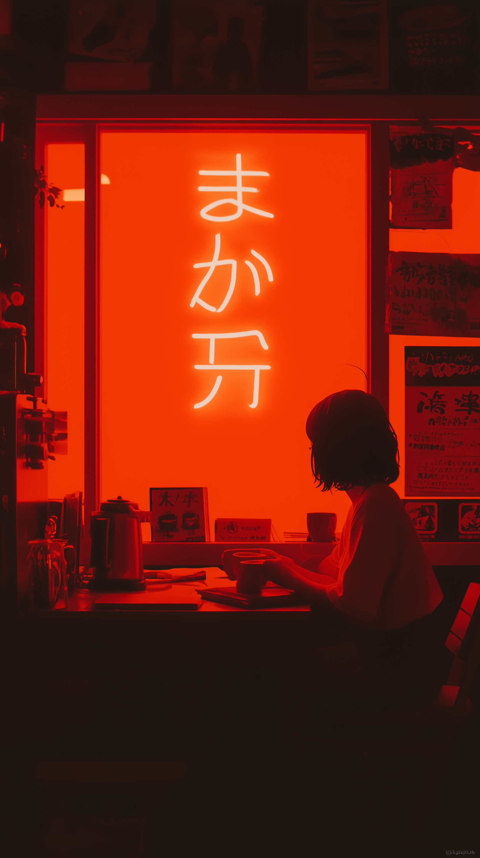 Lofi-style 80's anime girl silhouette in a red-lit Japanese room with neon sign, designed as a vibrant phone wallpaper for iPhone and Android devices.