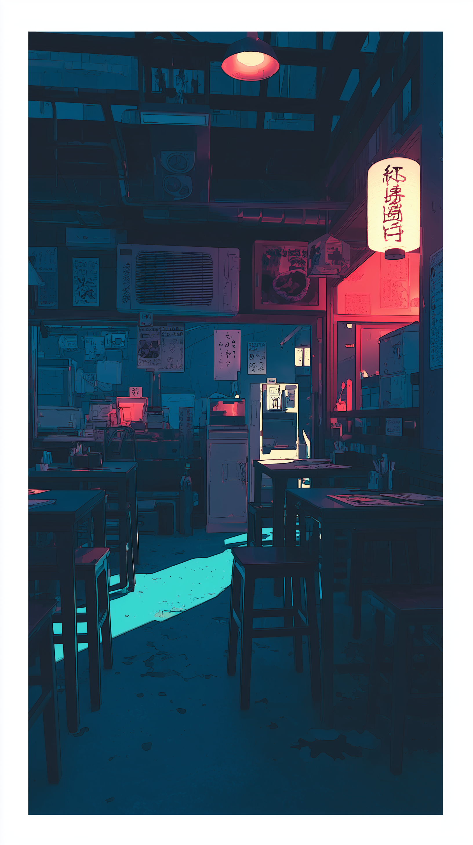 Lo-fi anime-style Japanese shop interior lit by warm lantern and cool blue lighting, designed as a vertical phone wallpaper for iPhone and Android screens.