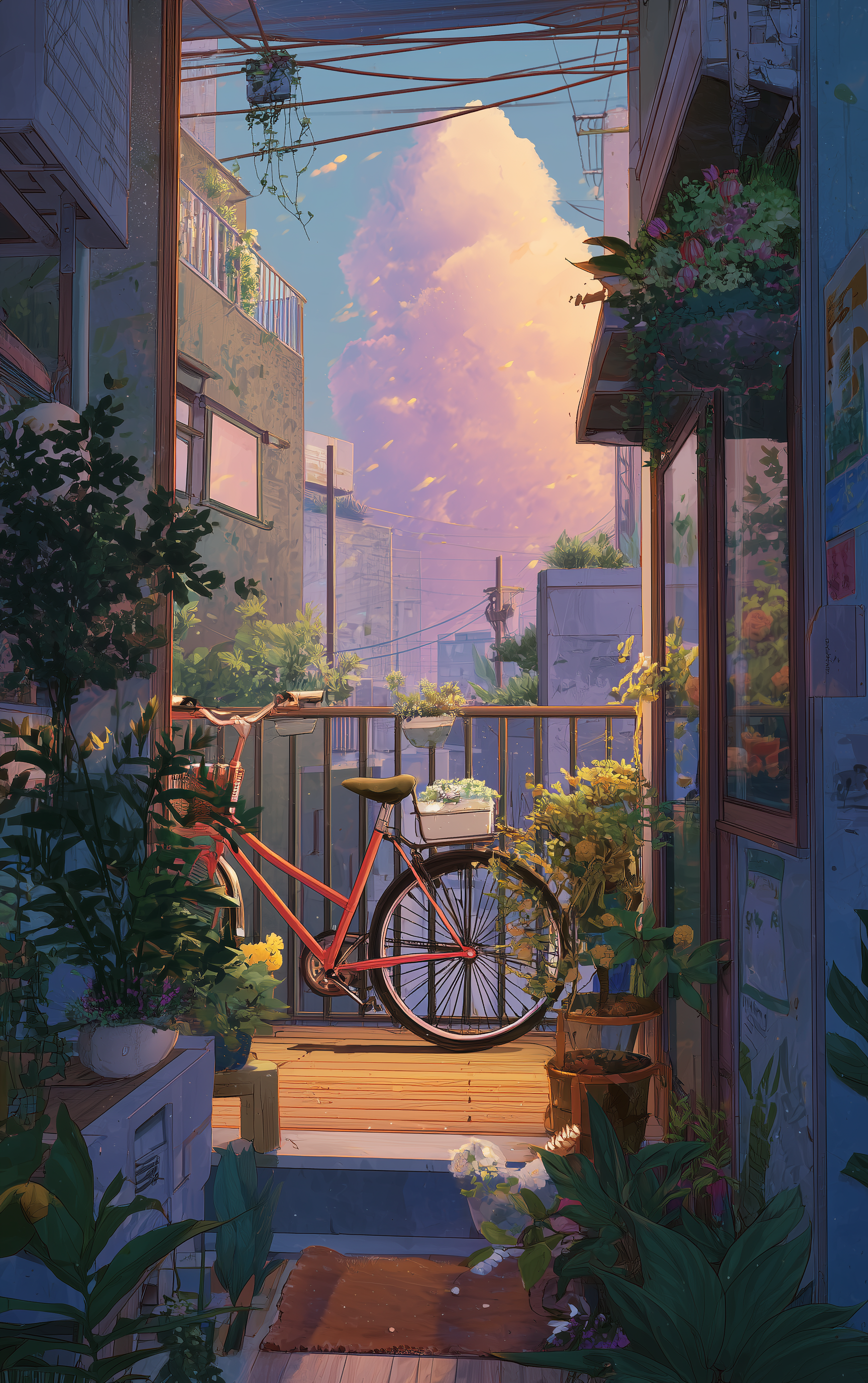 Aesthetic phone wallpaper with a bicycle surrounded by lush plants on a balcony, framed by buildings, overlooking a serene landscape under a glowing evening sky.