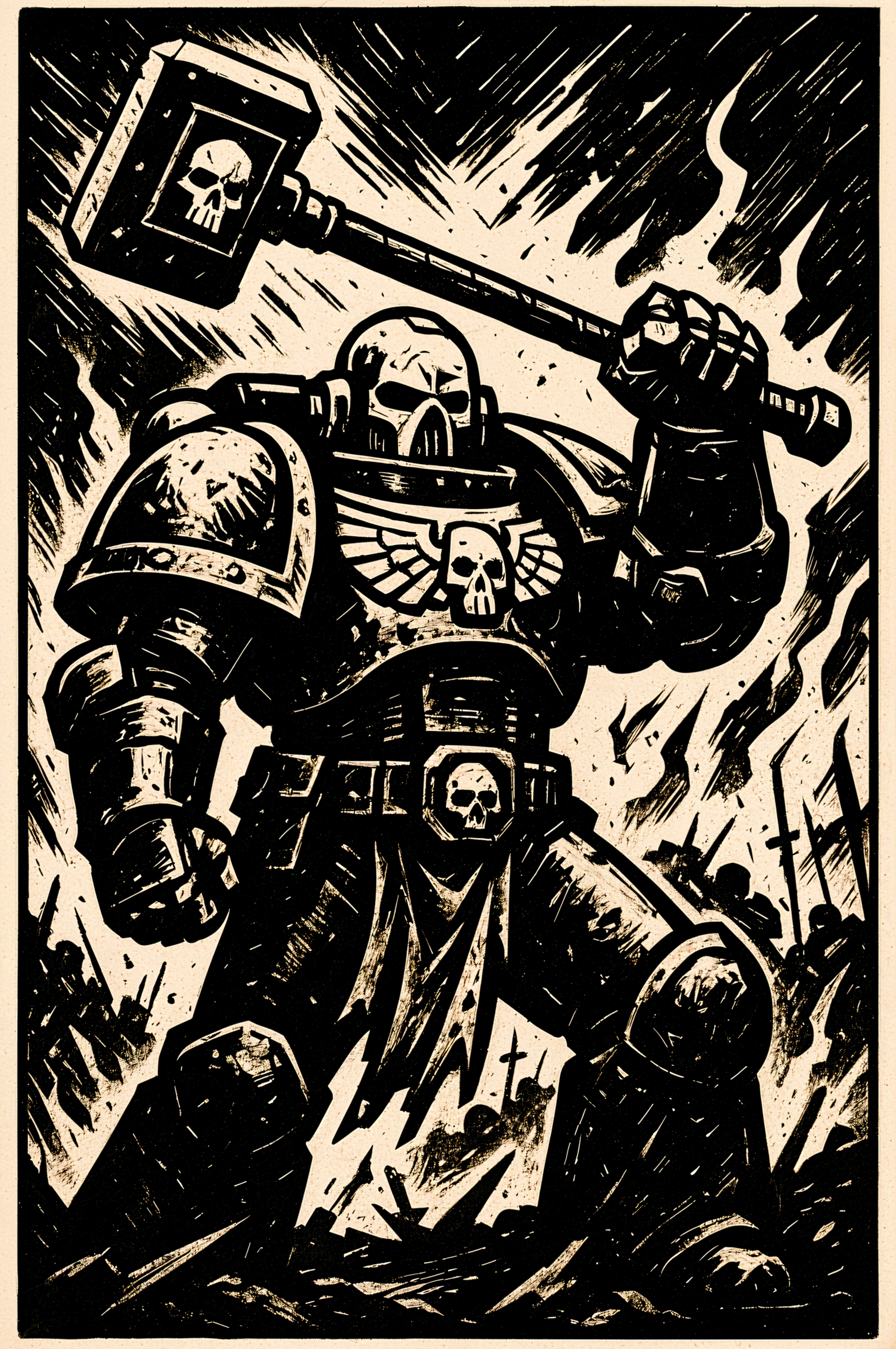 Warhammer-themed phone wallpaper featuring a black and white illustration of a Space Marine wielding a hammer, set against a fiery, chaotic battlefield background.