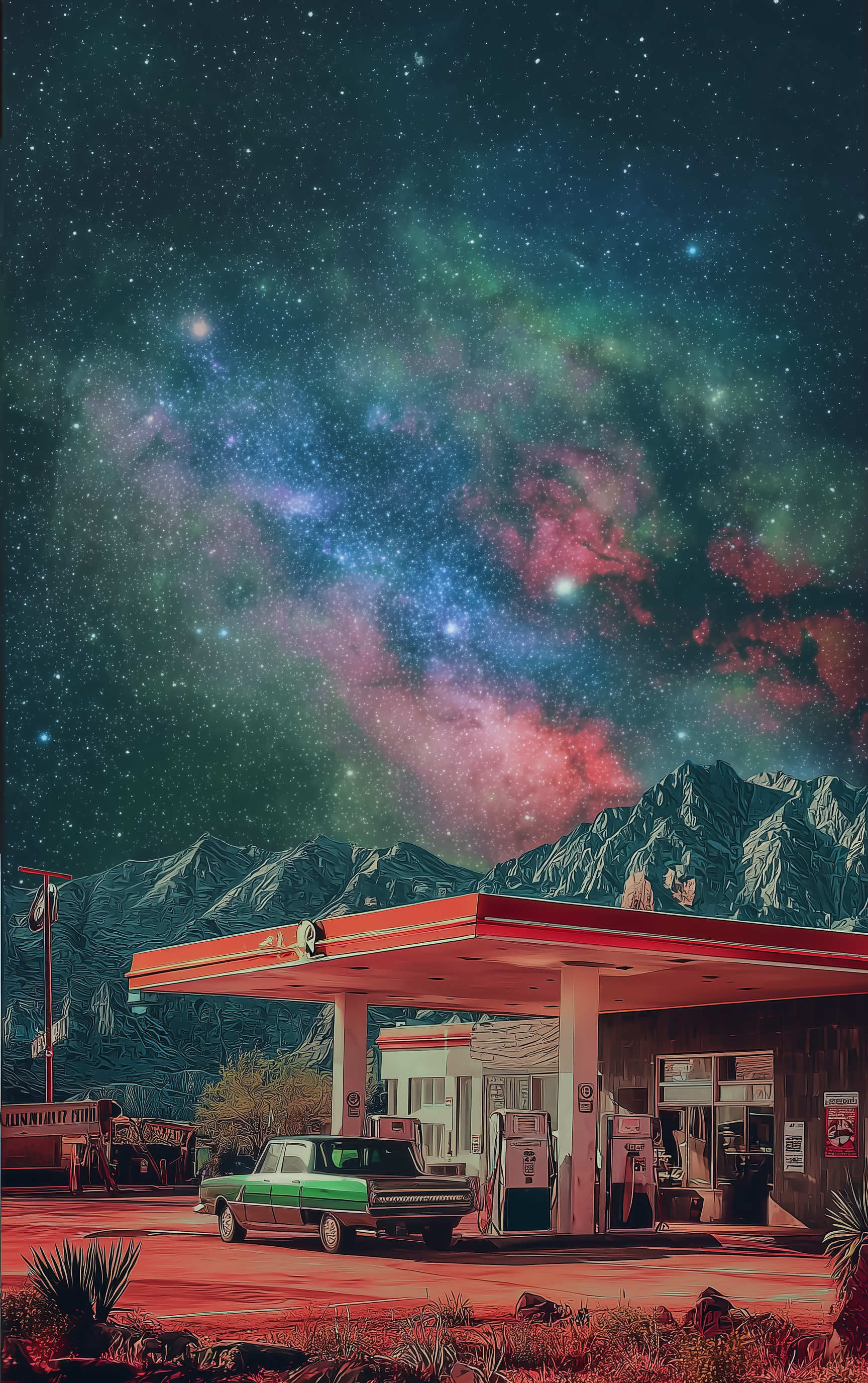 Phone wallpaper showing a vintage gas station under a vibrant starry sky and colorful galaxy, set against a backdrop of rugged mountains, designed for iPhones and Android screens.