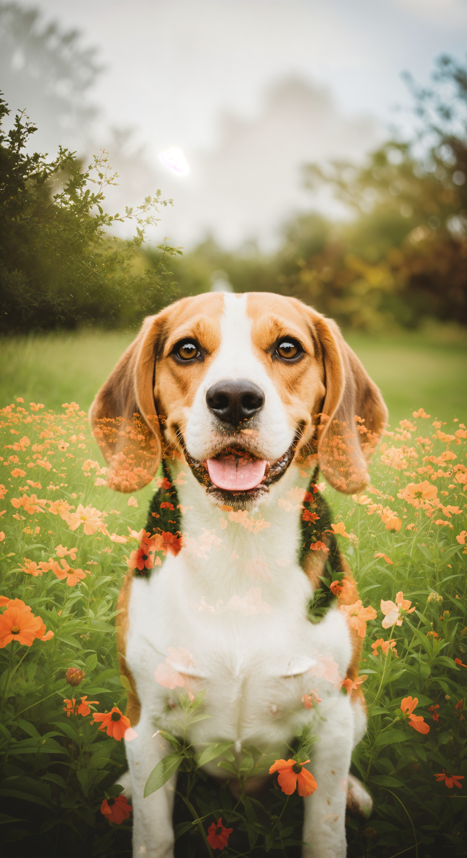 Phone wallpaper of a happy beagle sitting in a field of orange flowers with a soft, blurred green background, designed to display beautifully on iPhones and Android devices.