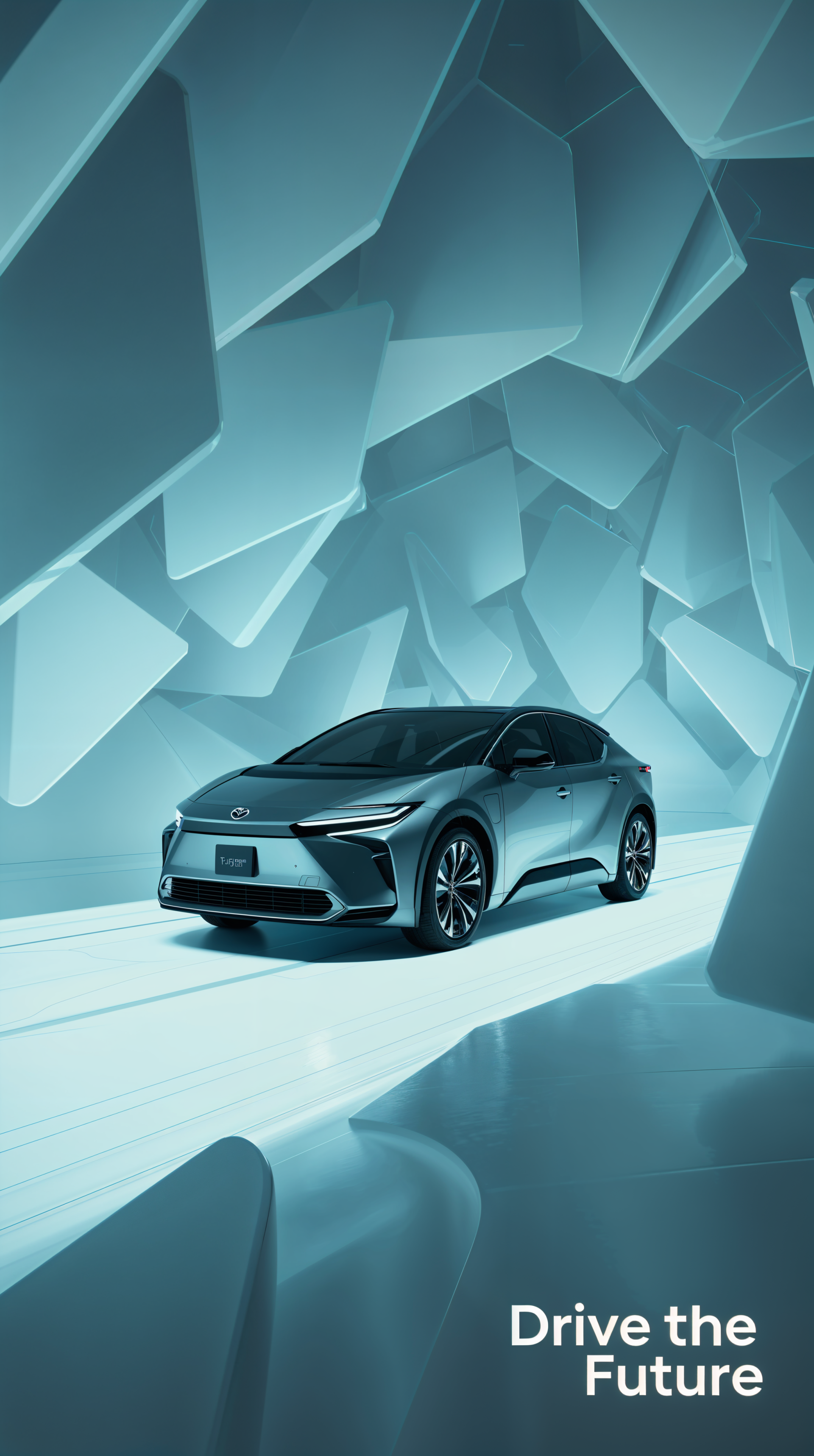 Sleek Toyota car in a futuristic abstract environment with Drive the Future text, designed as a phone wallpaper for both iPhone and Android devices.