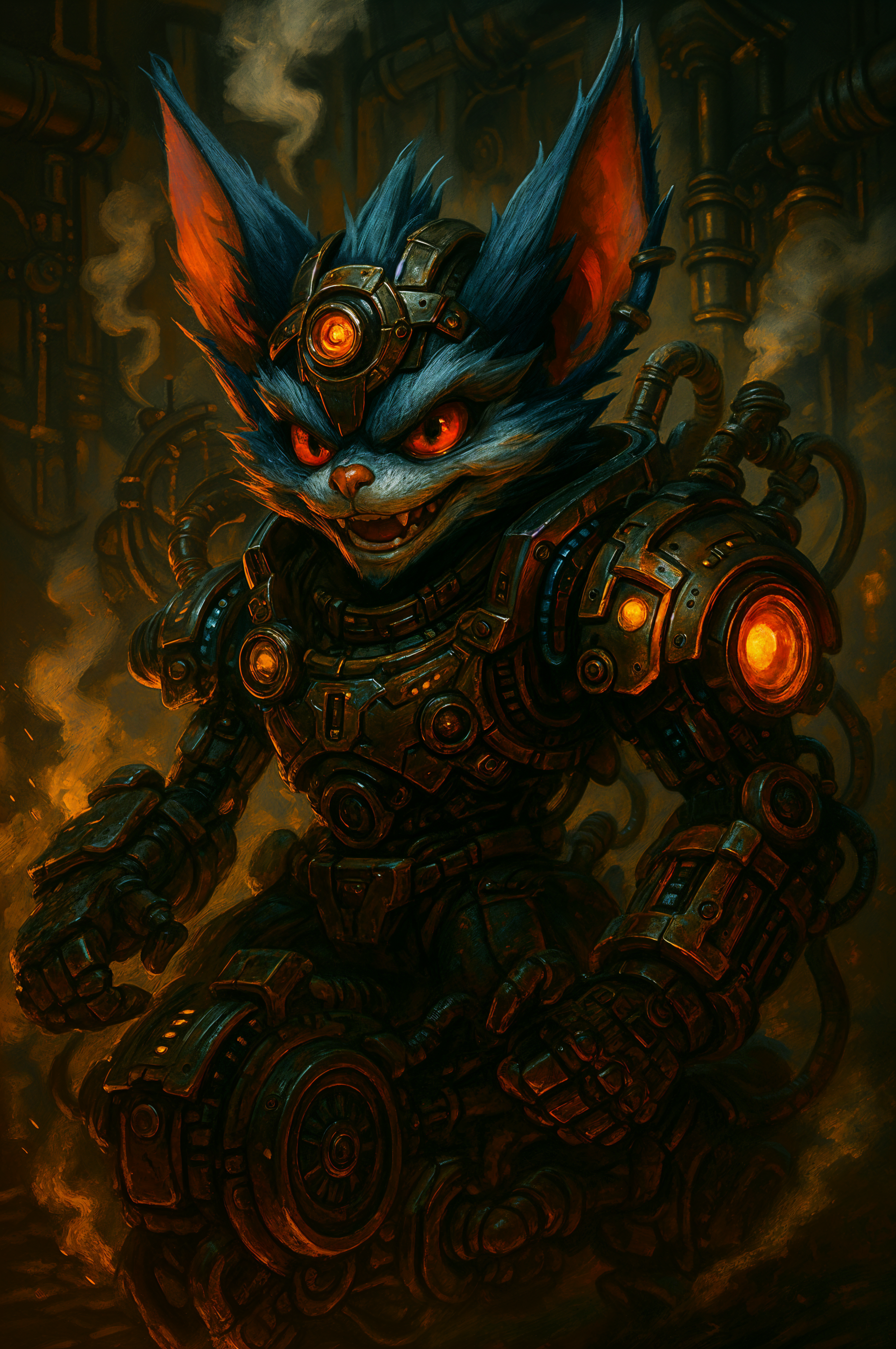 Phone wallpaper of Rumble from League of Legends, showcasing the character in detailed, glowing mechanical armor with a dark, fiery background, compatible with iPhones and Android devices.