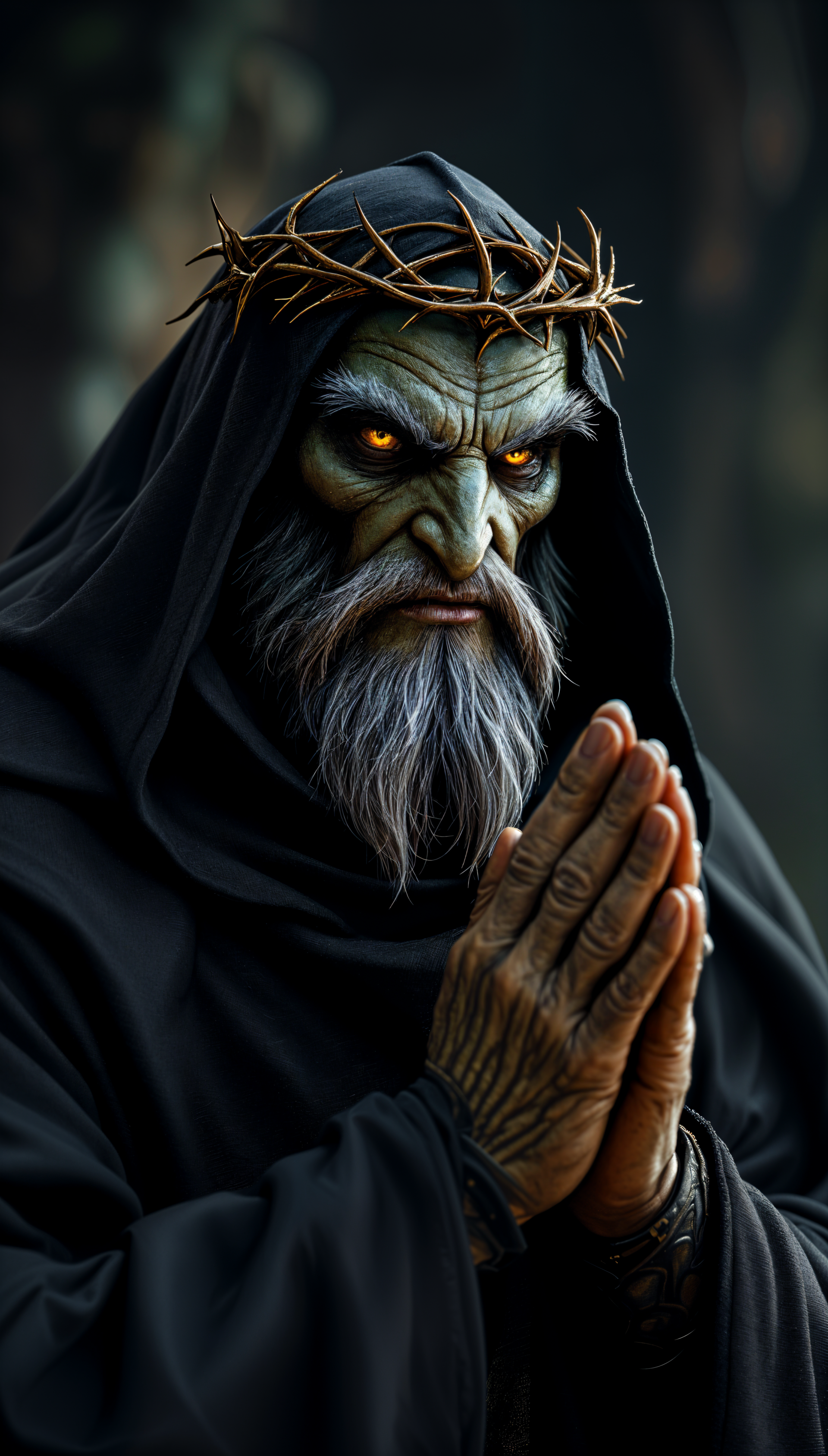 Dark, eerie figure with glowing eyes, a thorn crown, and a long gray beard, hands clasped in prayer, set against a shadowy background, designed as a phone wallpaper for iPhones and Android.