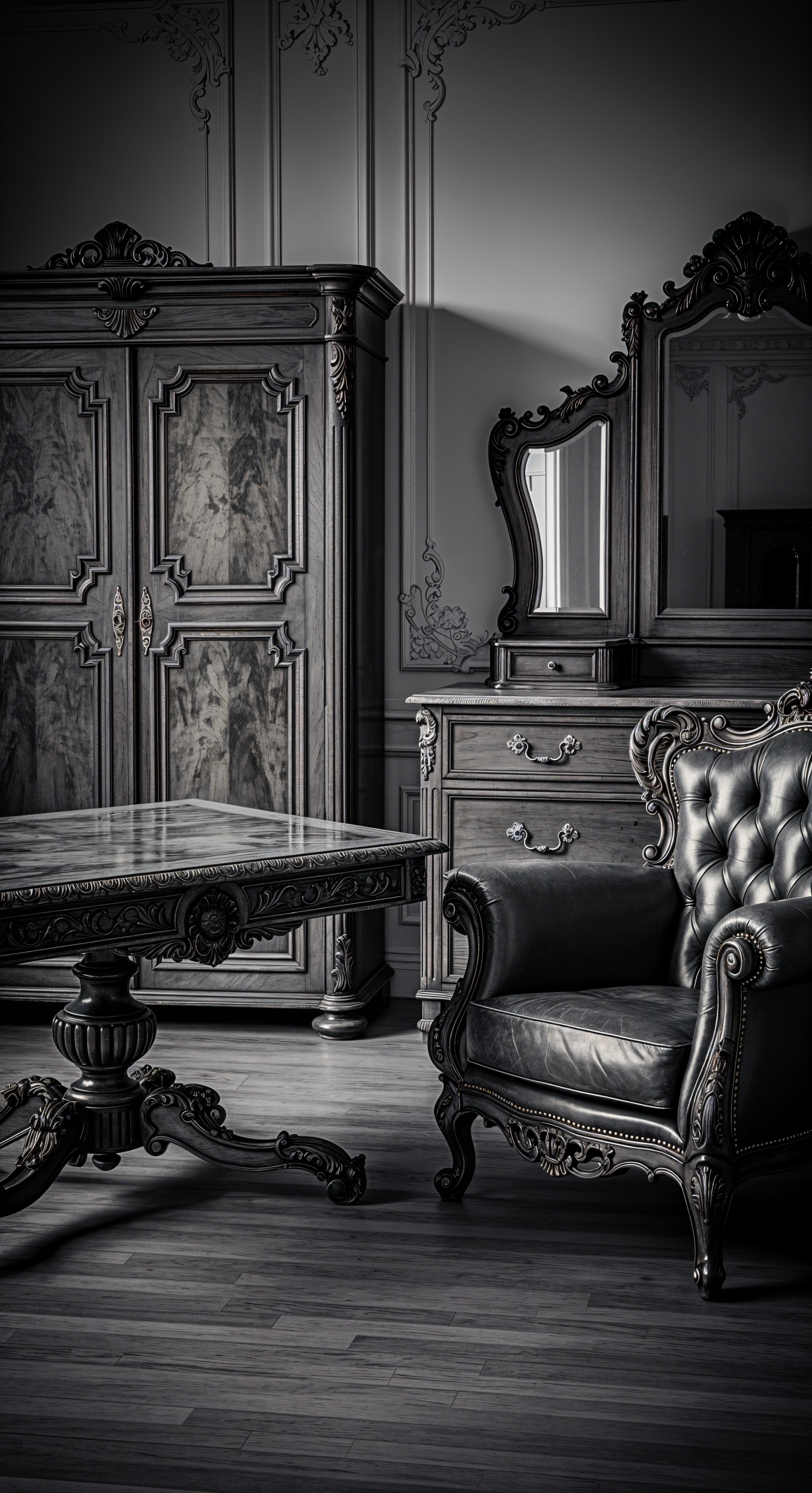 Black and white phone wallpaper featuring ornate antique furniture including a carved wooden armoire, dresser with mirror, table, and tufted leather armchair, fitting for iPhone and Android screens.