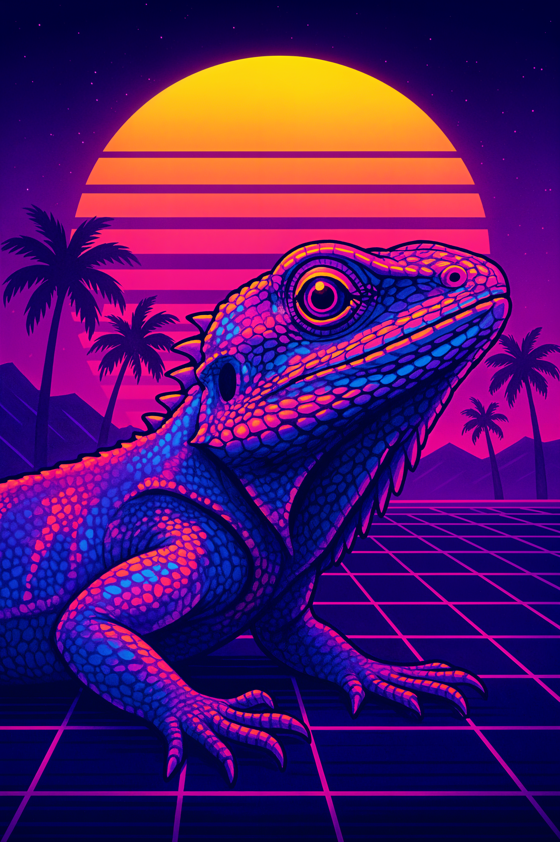 Vibrant neon lizard with textured scales in a retro-futuristic landscape, featuring a glowing sun, palm trees, and grid lines, designed as a striking wallpaper for iPhone and Android phones.