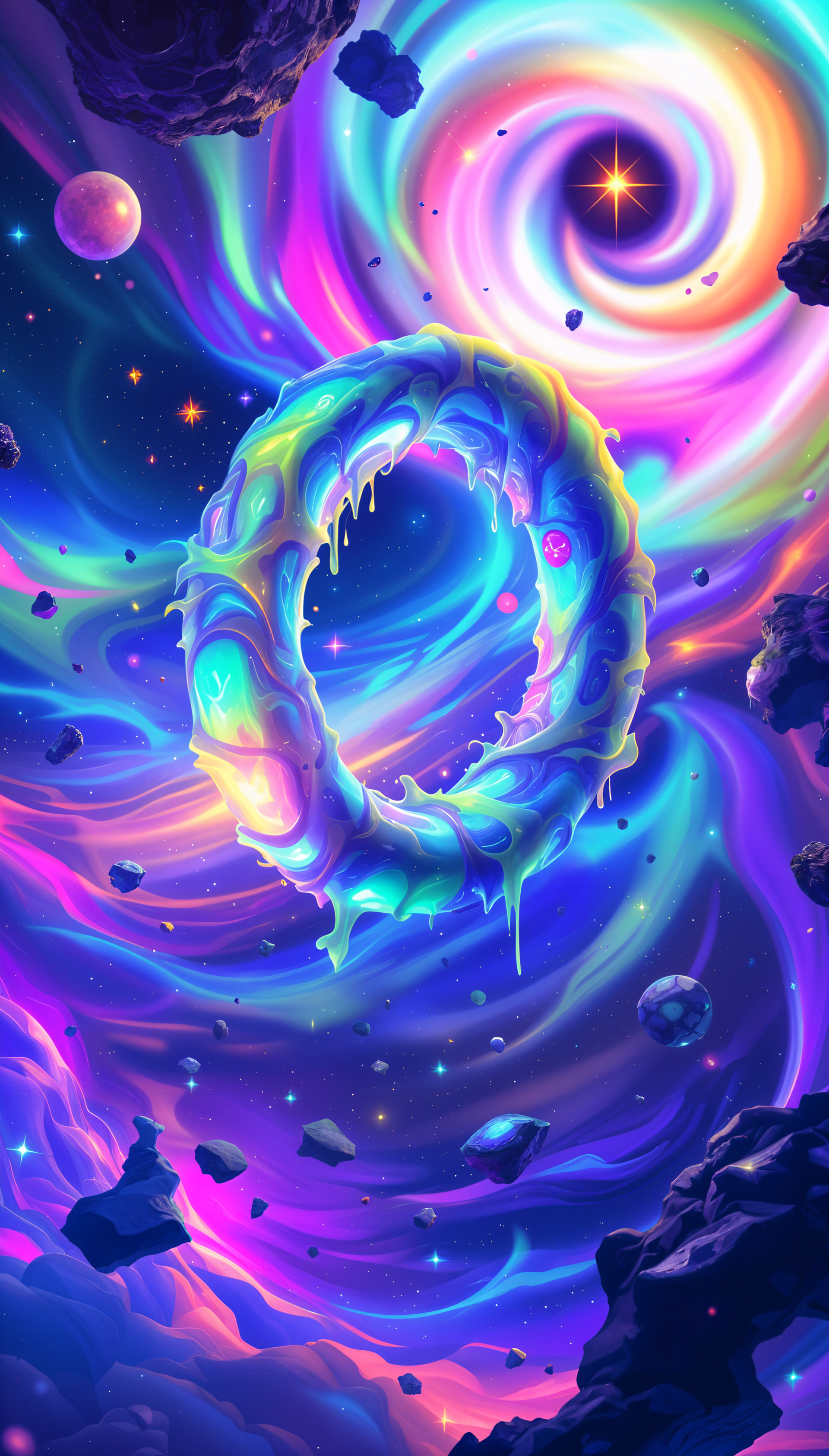 Vibrant ringworld with glowing, icy textures floats in a swirling, colorful galaxy filled with stars and asteroids. Phone wallpaper for iPhone and Android devices.