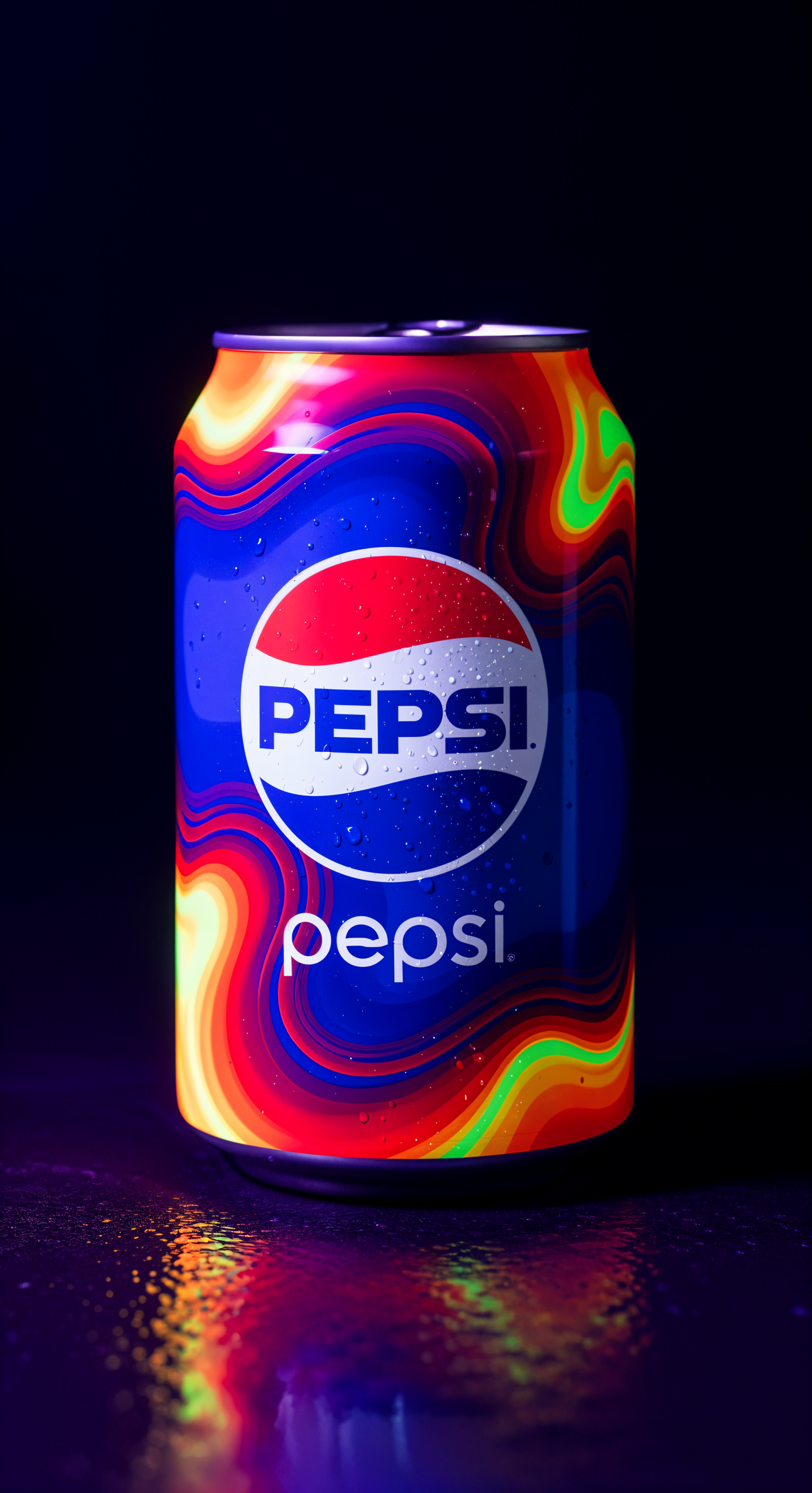 Phone wallpaper featuring a vibrant Pepsi can with a colorful, swirling neon design against a dark background, compatible with both iPhone and Android screens.