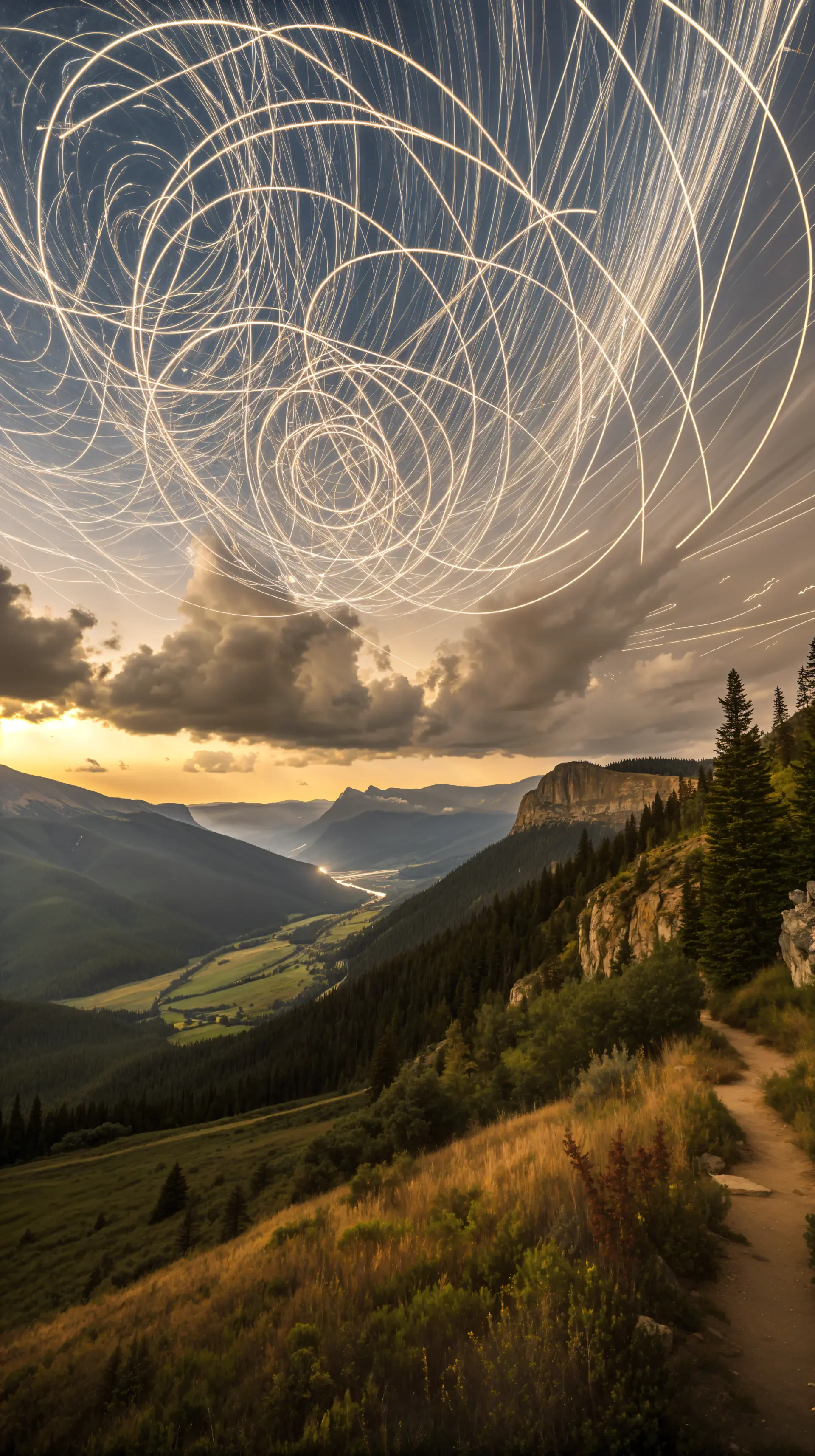 Panoramic phone wallpaper showing a mountainous landscape at sunset with swirling light trails in the sky, designed for both iPhone and Android display.
