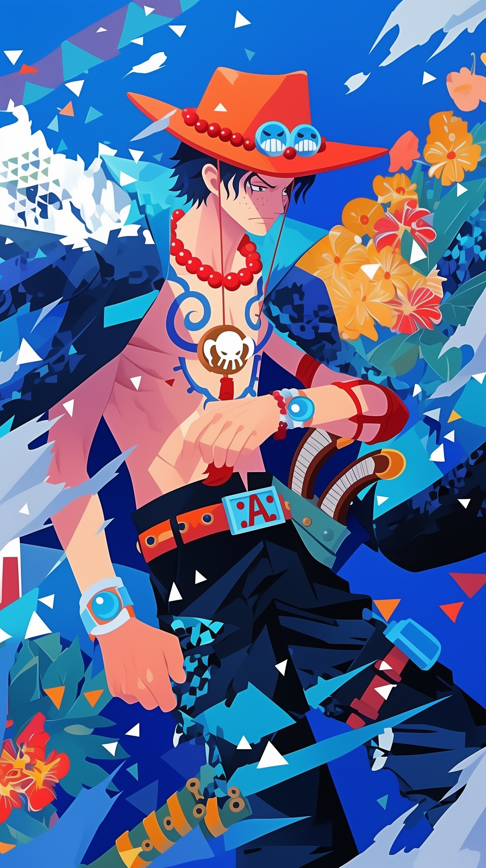 Vibrant blue anime-style phone wallpaper featuring Portgas D. Ace from One Piece with his signature orange hat and fiery accessories against a dynamic blue floral background.