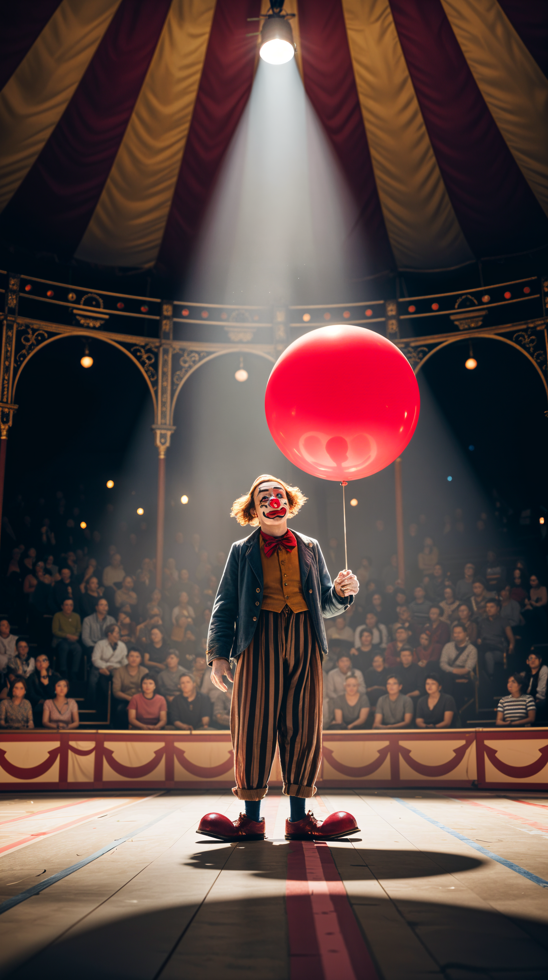 Circus clown holding a large red balloon under a spotlight inside a vintage big top tent, captured in a vibrant phone wallpaper for iPhones and Android.