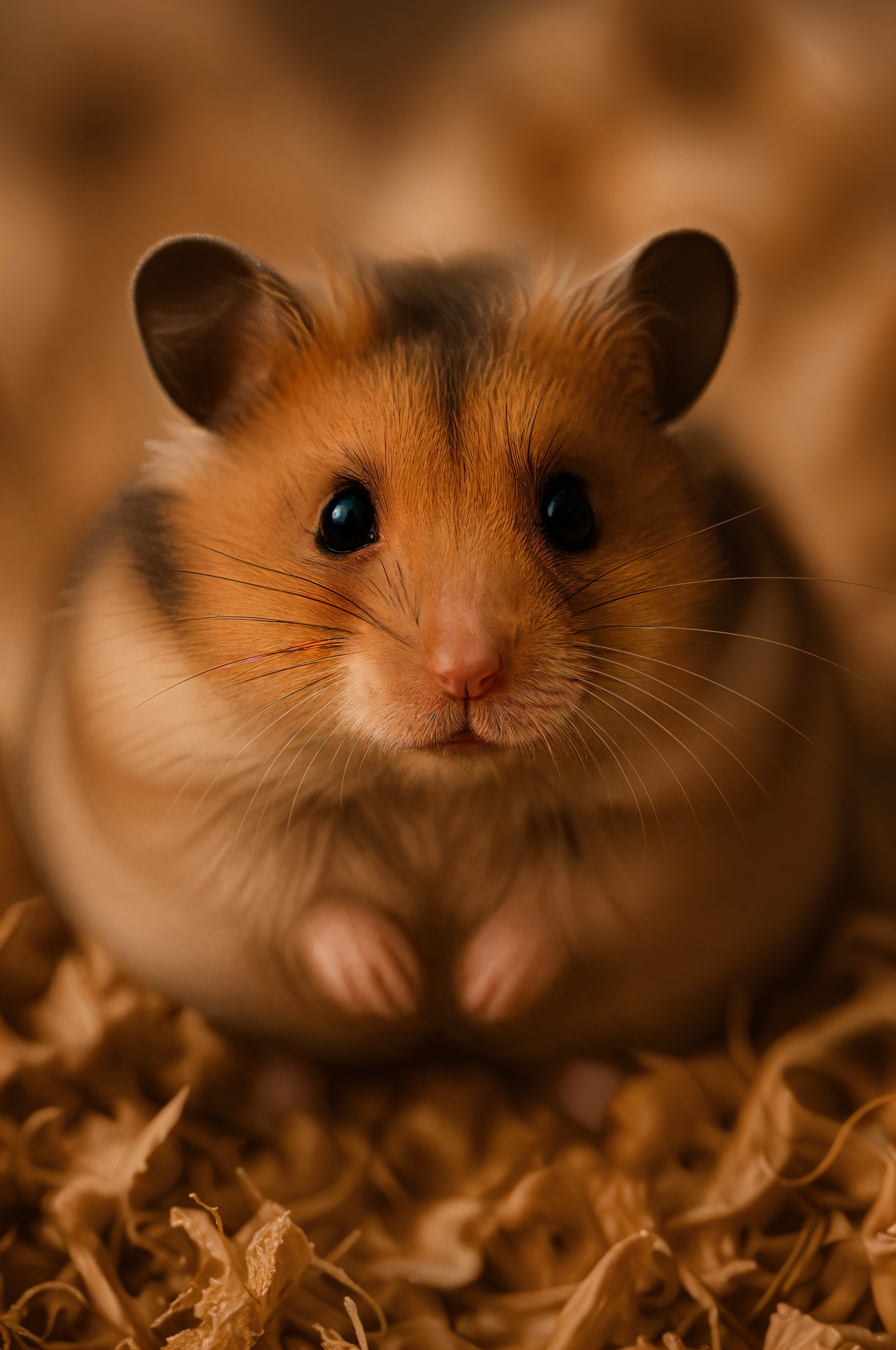 Close-up of a cute hamster with dark eyes and rounded ears on a warm brown background, designed as a phone wallpaper for iPhones and Android devices.