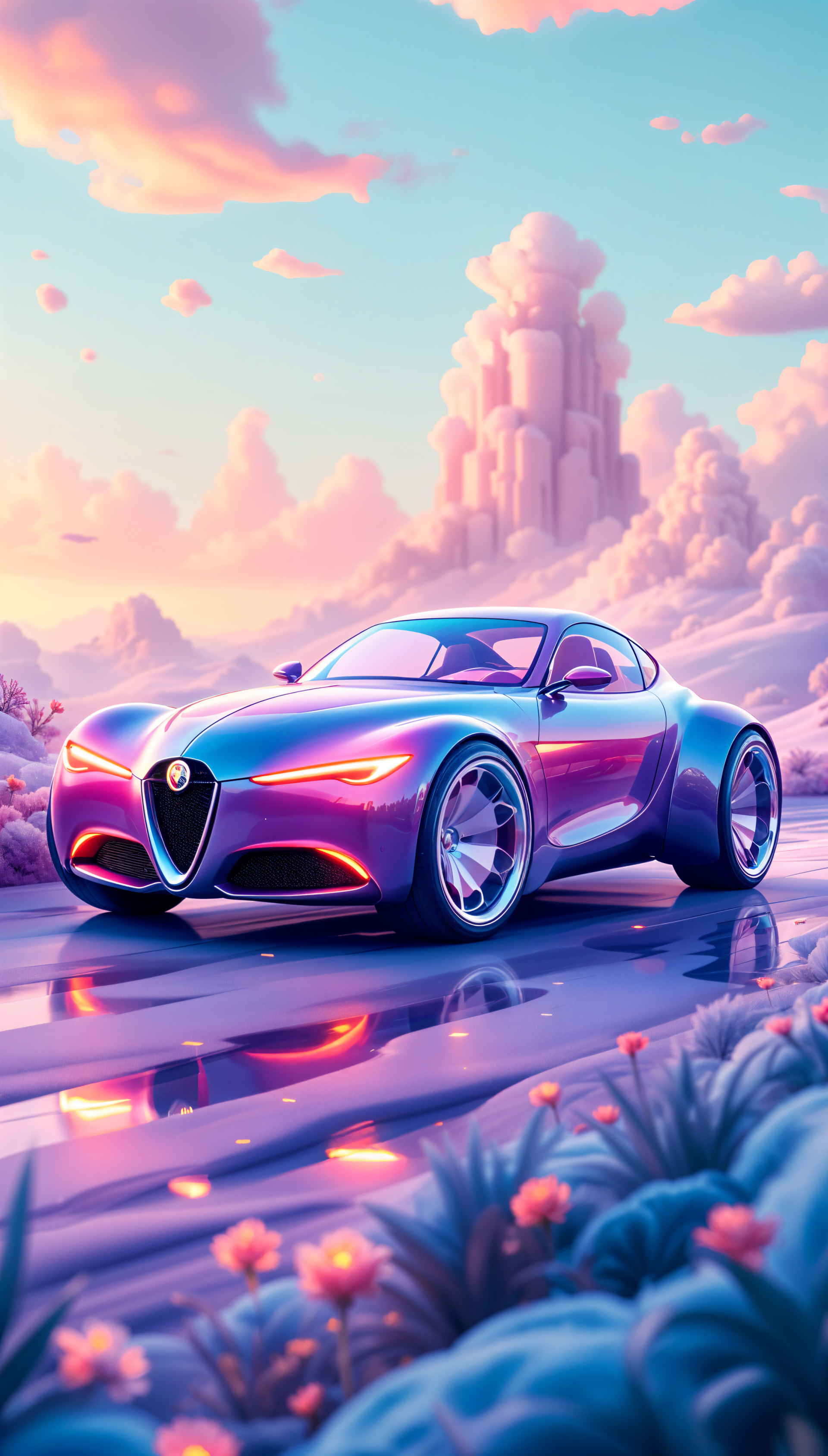 Phone wallpaper of a sleek, futuristic purple Alfa Romeo car with glowing lights on a reflective road, against a dreamy pastel sky and surreal cloud formations, designed for iPhones and Android.