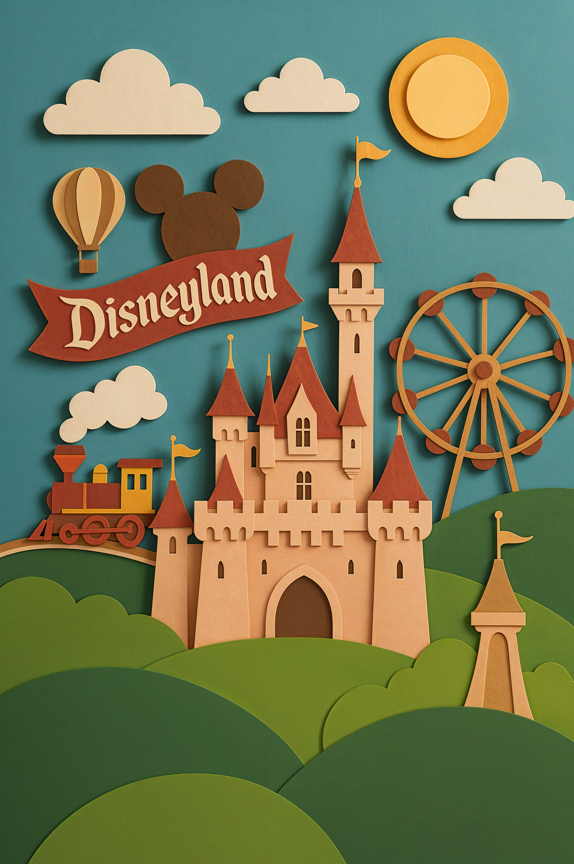 Colorful Disneyland-themed phone wallpaper featuring a castle, Ferris wheel, train, hot air balloon, clouds, and sun in a paper-cutout style for iPhone and Android devices.