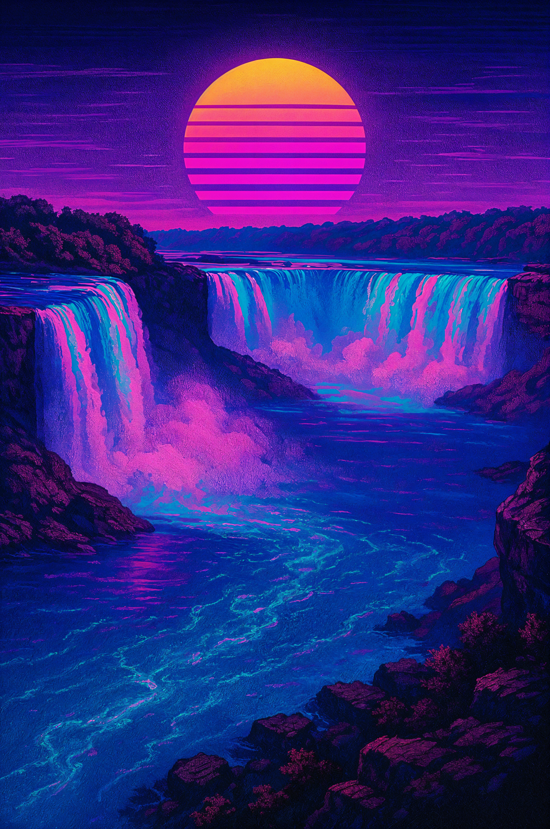 Phone wallpaper of Niagara Falls at dusk with vibrant neon purple and blue hues and a stylized striped sun setting in the background, compatible with iPhones and Android phones.