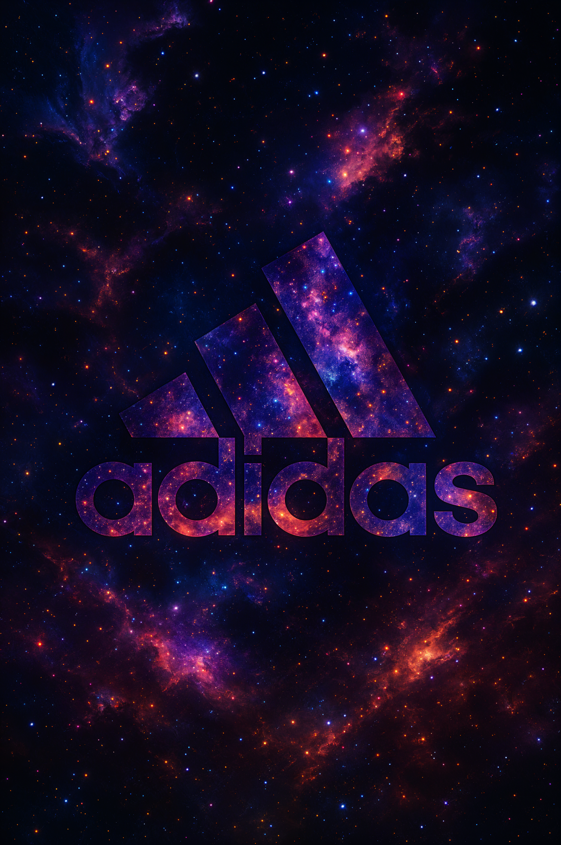 Phone wallpaper featuring the Adidas logo filled with a vibrant galaxy design on a dark space background, compatible with both iPhones and Android phones.