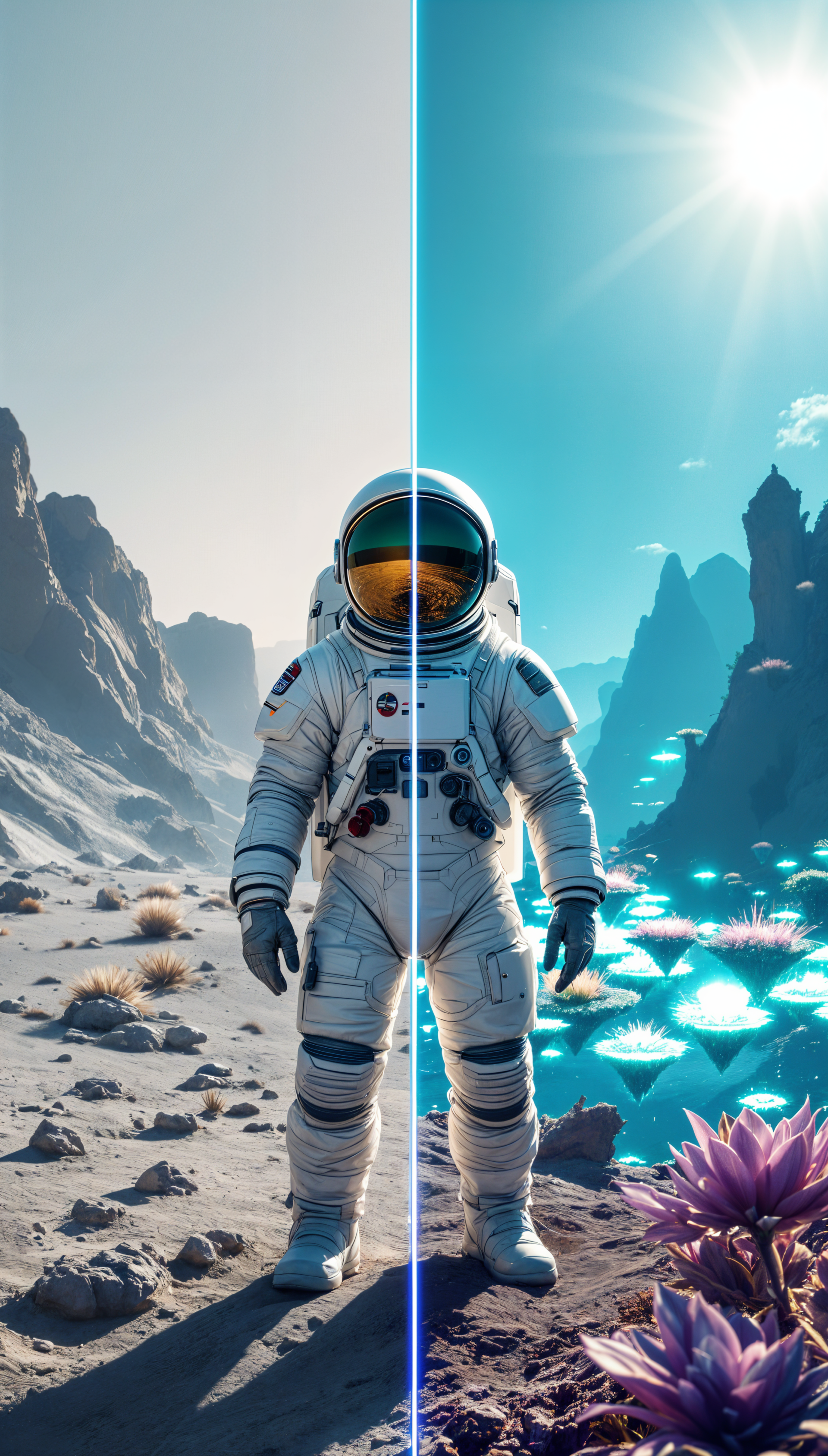 Phone wallpaper featuring an astronaut standing on a rocky alien landscape, split between a realistic daytime scene and a vibrant, glowing nighttime view, compatible with iPhones and Androids.