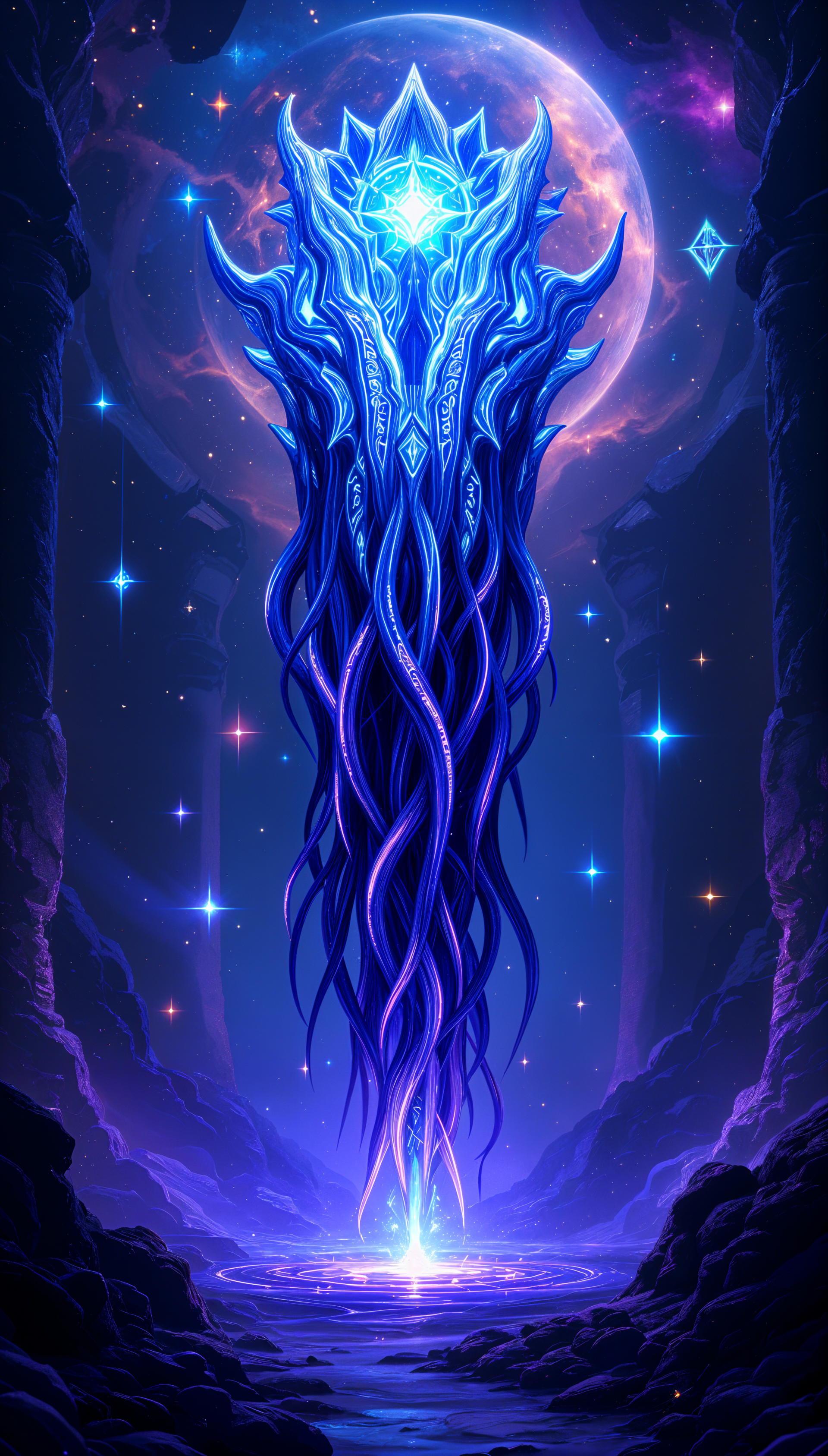 Phone wallpaper for iPhones and Androids featuring a glowing blue ethereal tower with intricate patterns, floating against a cosmic backdrop with a large glowing planet and stars.