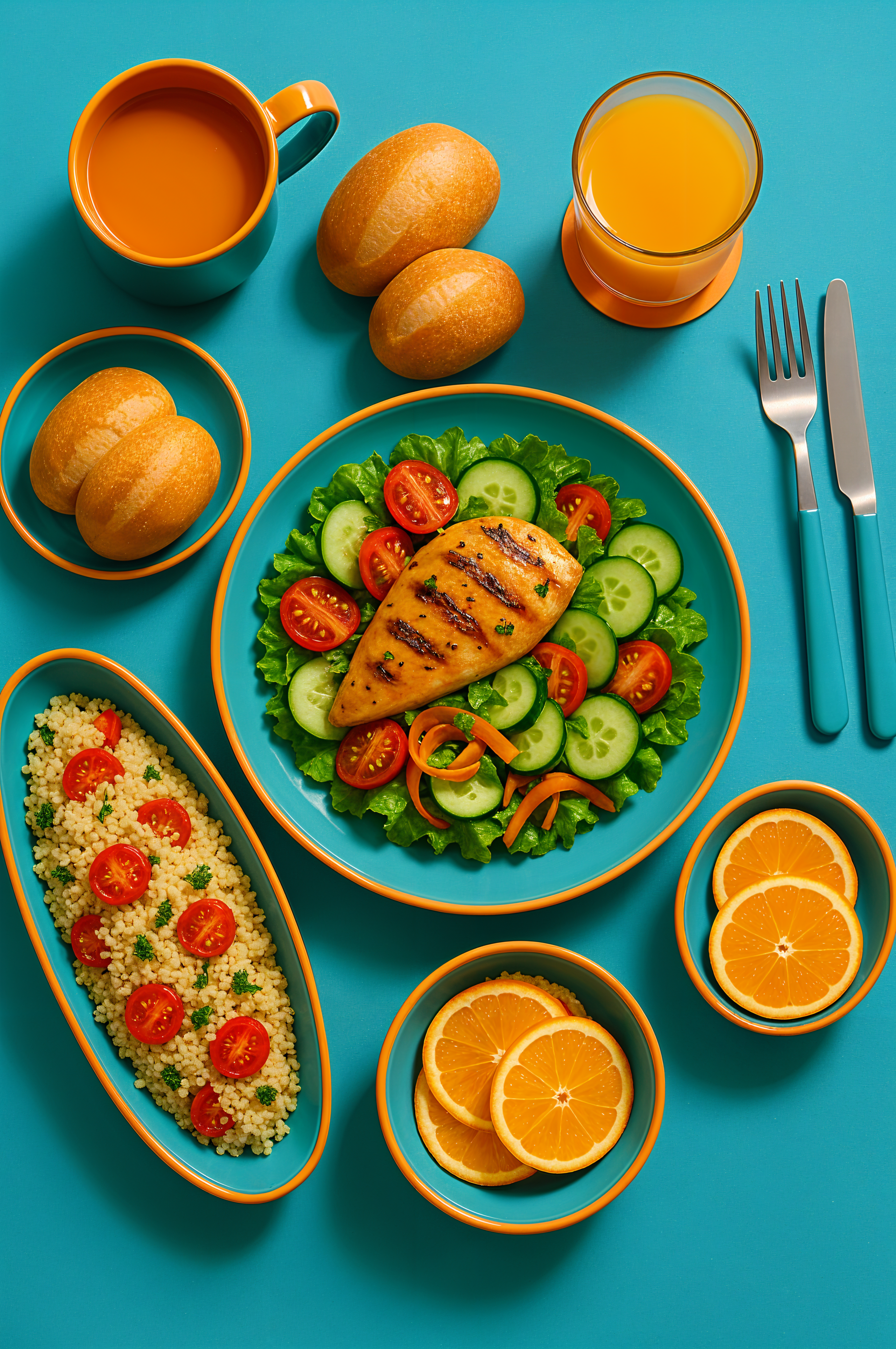 Phone wallpaper showing a colorful lunch spread with grilled chicken salad, cherry tomatoes, cucumber, orange slices, bread rolls, a glass of juice, and a cup on a blue background.