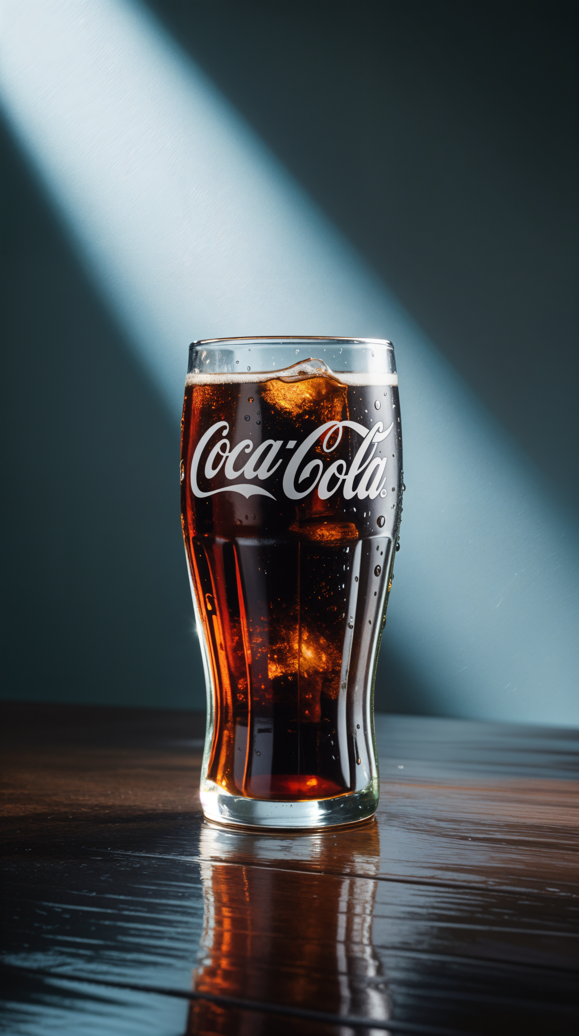 Phone wallpaper featuring a glass of Coca-Cola with ice cubes, illuminated by a dramatic beam of light, designed to display beautifully on iPhones and Android devices.