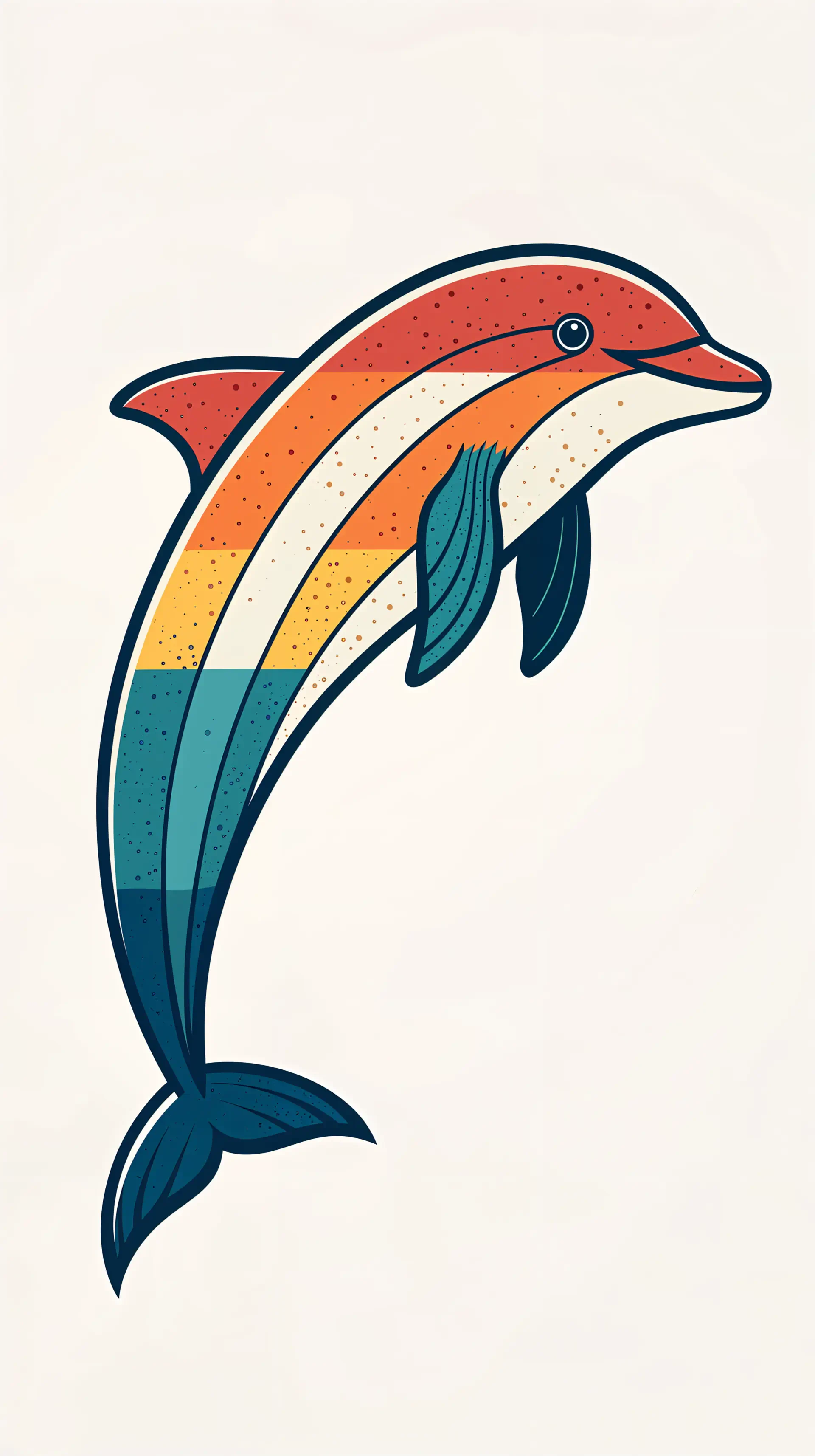 Colorful striped dolphin illustration designed as a phone wallpaper with a retro palette, compatible with both iPhones and Android devices.