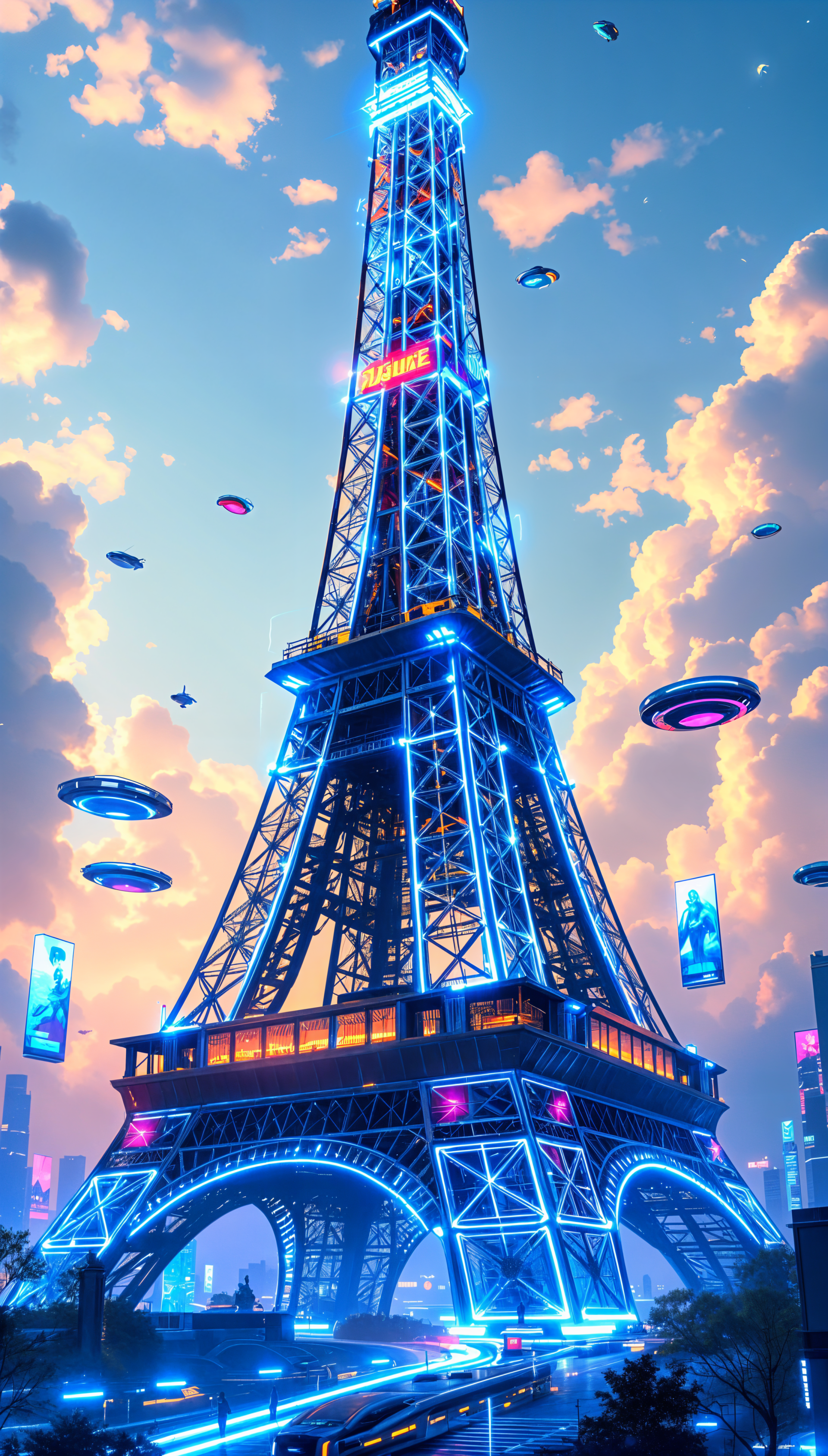 Futuristic Eiffel Tower glowing with blue neon lights against a vibrant evening sky, surrounded by flying cars and digital billboards, designed as a phone wallpaper for iPhone and Android.