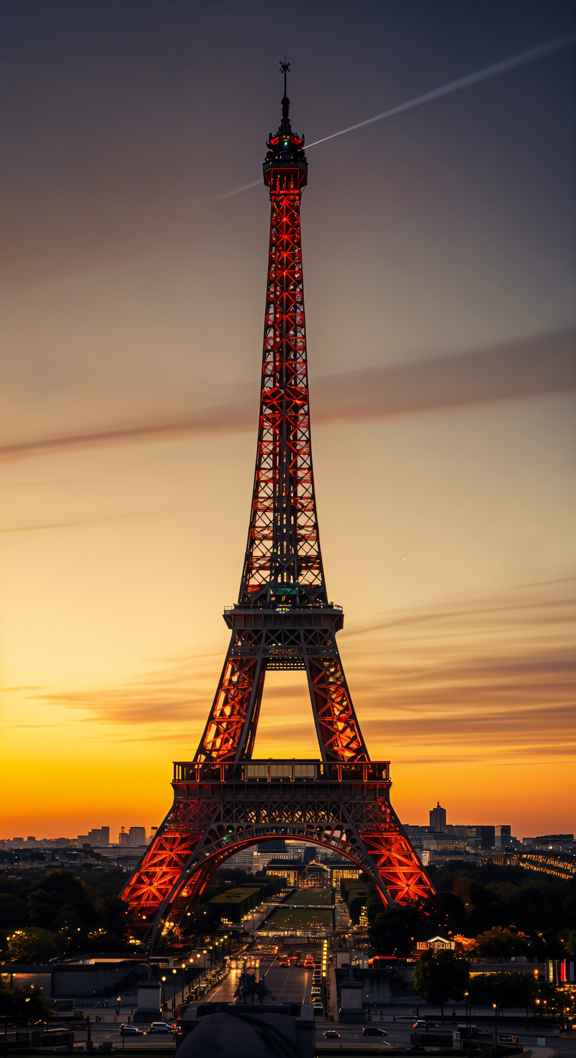 Eiffel Tower illuminated in red against a vibrant sunset sky, designed as a vertical phone wallpaper for both iPhone and Android screens.
