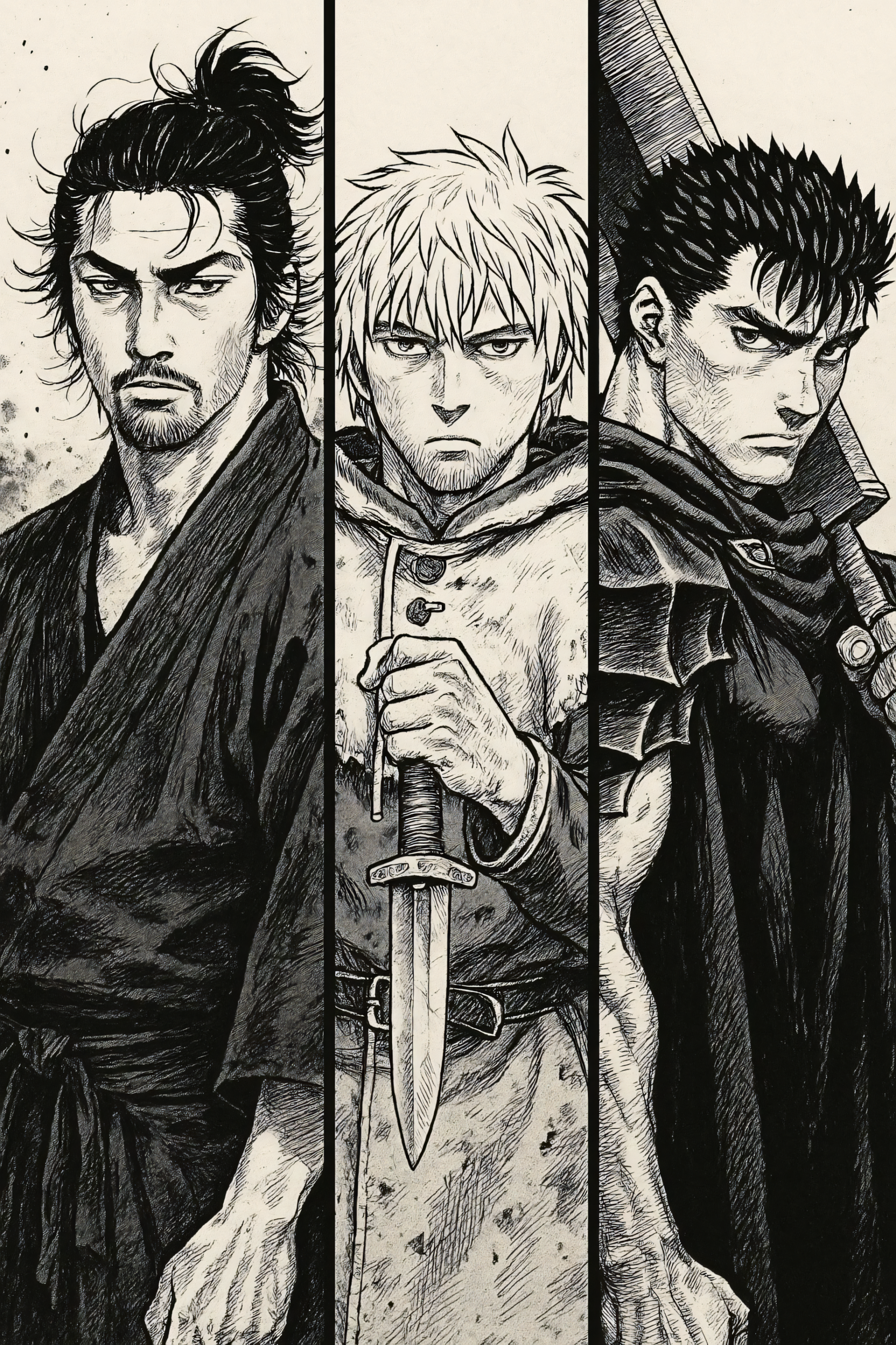 Phone wallpaper featuring a manga crossover of Thorfinn from Vinland Saga, Guts from Berserk, and Miyamoto Musashi from Vagabond in detailed black-and-white art.