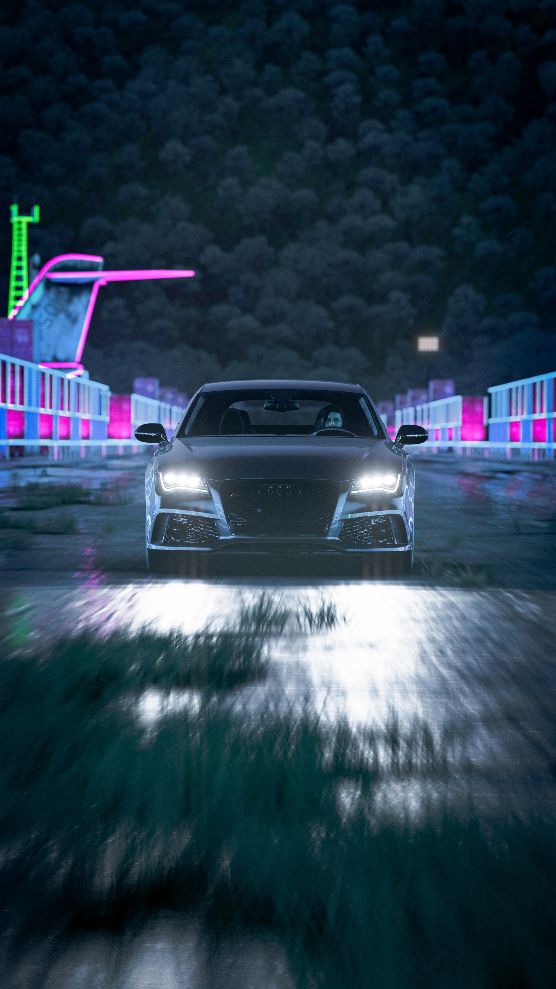 Phone wallpaper featuring a sleek Audi RS7 from Forza Horizon 5 racing on a neon-lit track at night, designed for both iPhone and Android displays.