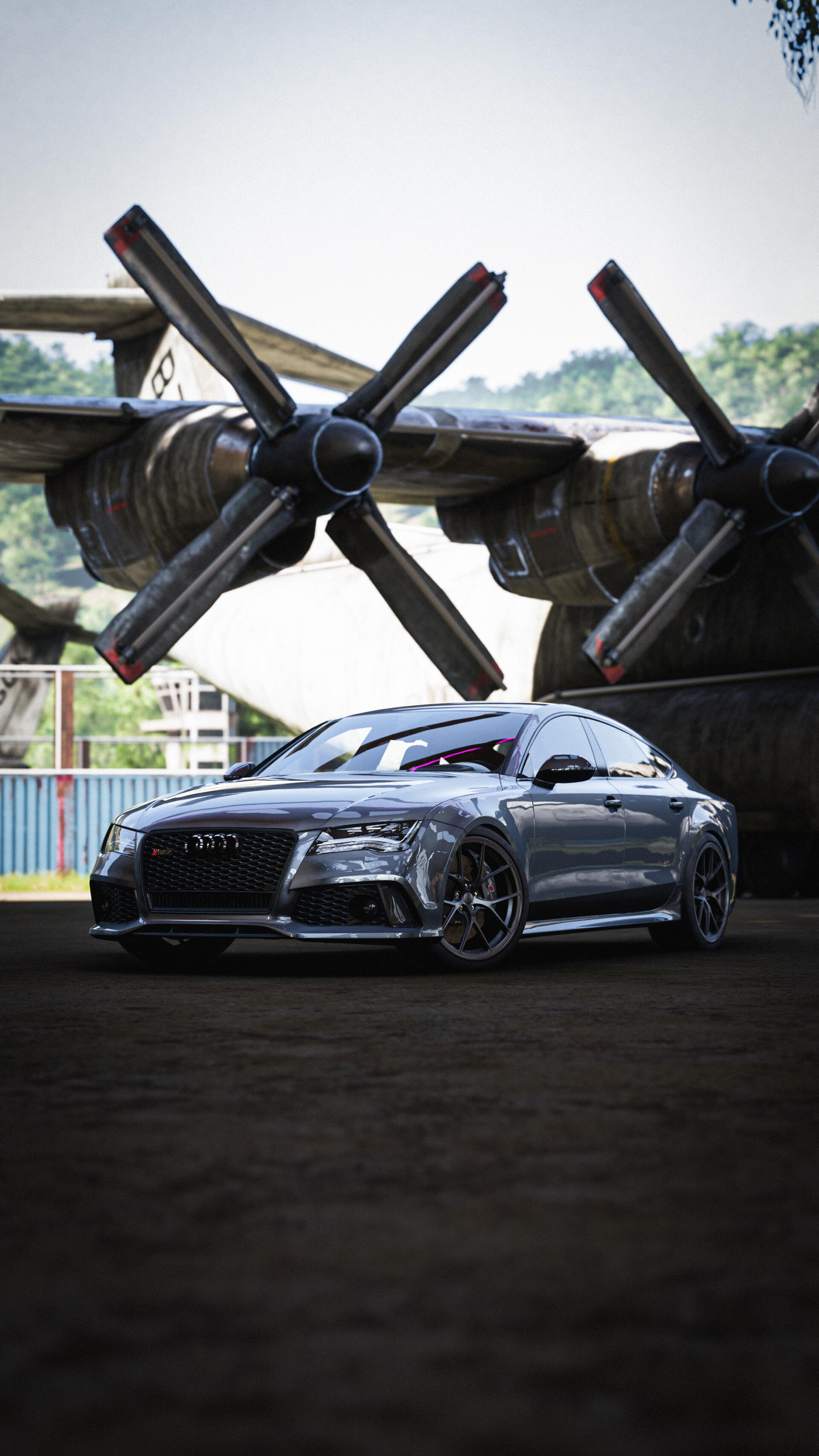 Gray Audi RS7 from Forza Horizon 5 parked inside an aircraft hangar, captured in a vertical phone wallpaper format for iPhone and Android.