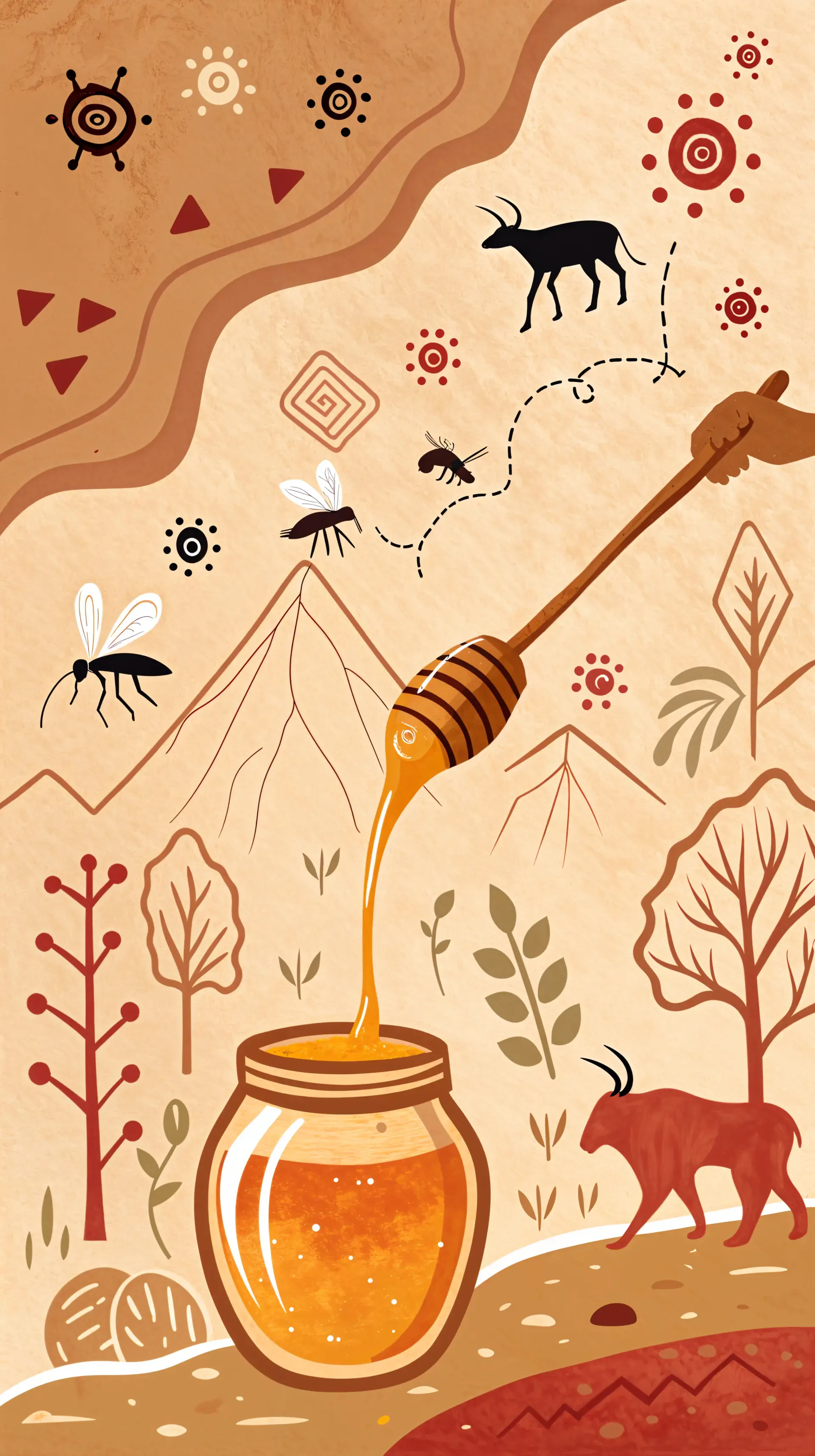 Phone wallpaper featuring a honey jar with dripping honey, bees, animals, and tribal-style nature illustrations in warm earthy tones, designed for both iPhone and Android screens.
