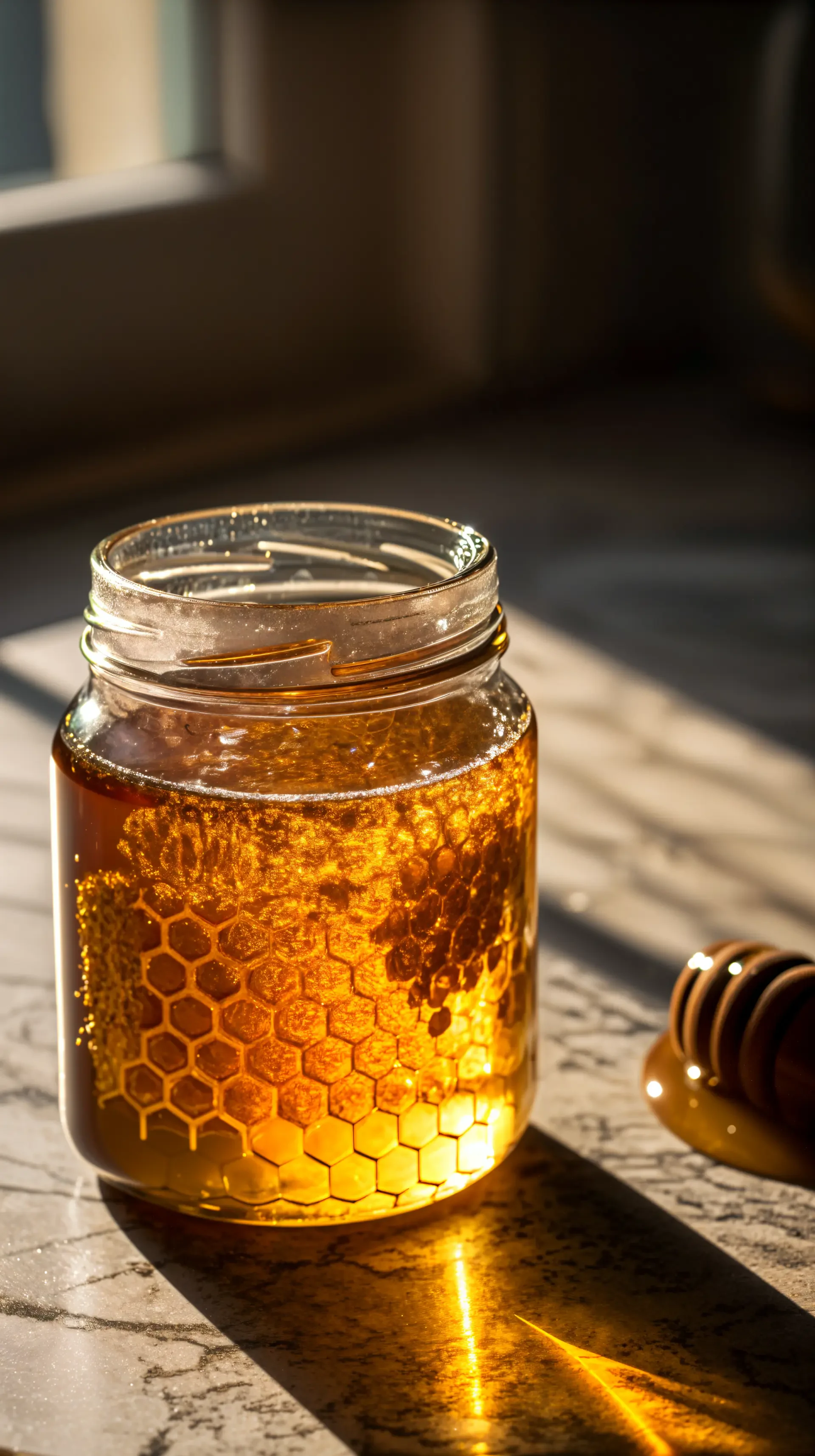 Close-up of a honey jar with honeycomb inside, glowing in warm sunlight on a textured surface; designed as a vibrant phone wallpaper for both iPhones and Android devices.