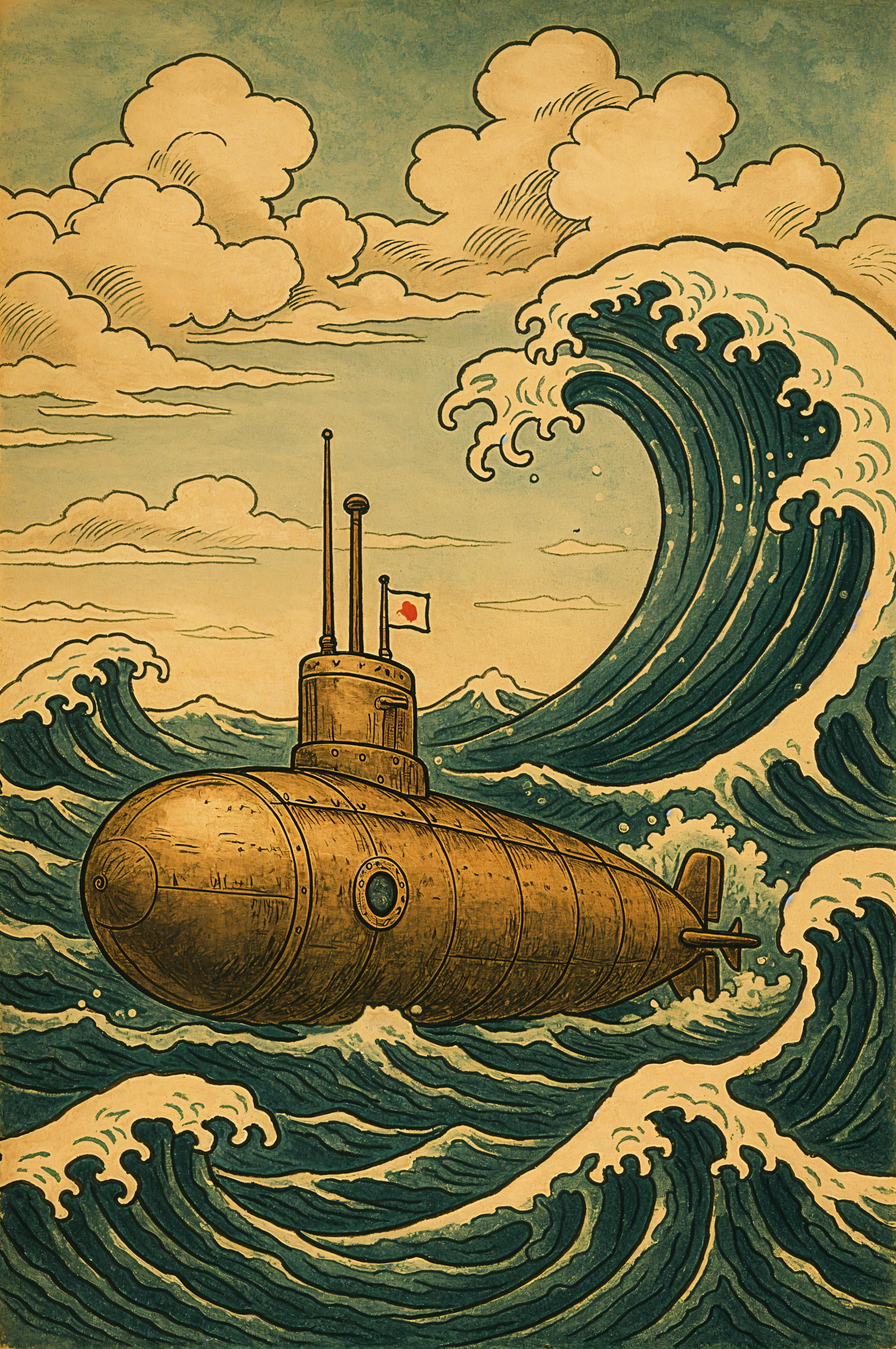 Illustration of a vintage submarine sailing through dynamic, towering ocean waves beneath a cloudy sky, designed as a vibrant phone wallpaper for iPhones and Android devices.