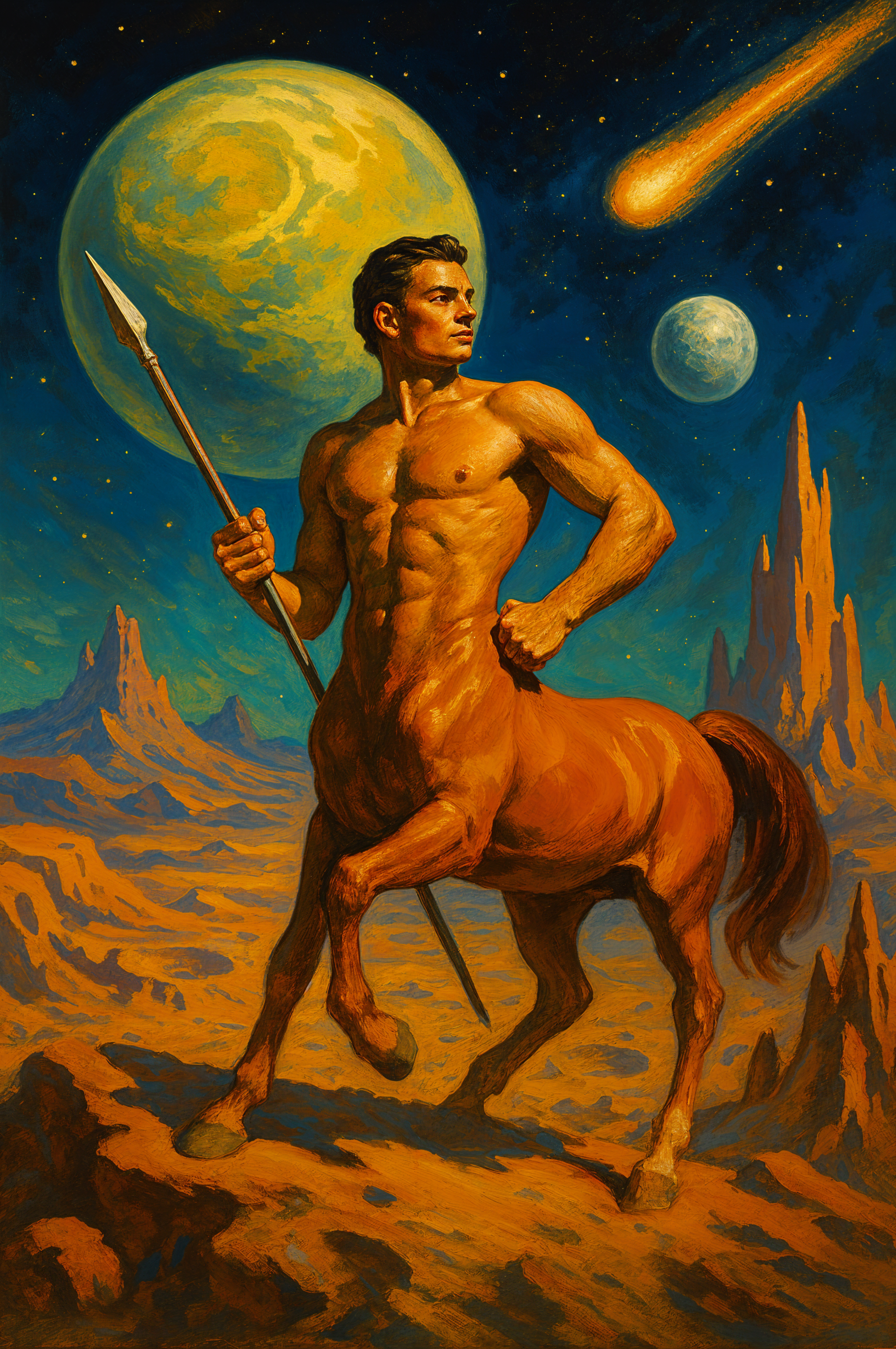 Centaur warrior with a spear stands in a rocky alien landscape under a starry sky, two moons, and a fiery comet, designed as a vibrant phone wallpaper for iPhones and Androids.