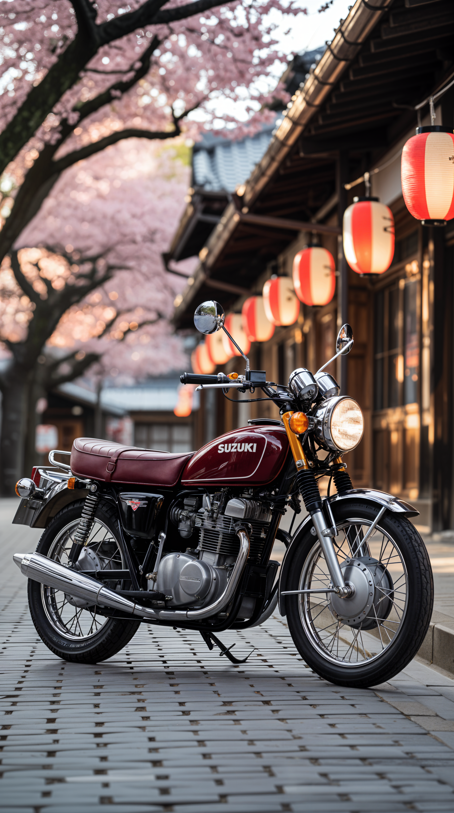 Vintage Suzuki motorcycle parked on a cobblestone street with cherry blossoms and traditional Japanese lanterns glowing, designed as a phone wallpaper for iPhones and Android devices.